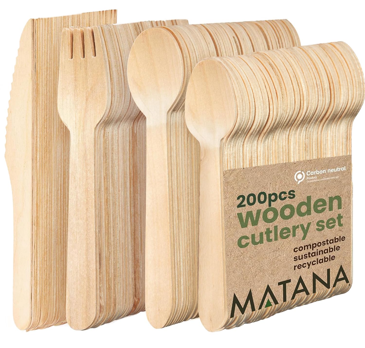 MATANA 200 Posate in Legno Usa e Getta - 50 Coltelli, 50 Forchette, 50 Cucchiai, 50 Cucchiaini - Senza Plastica, Ecologico, 100% Legno Naturale - Feste, Picnic, BBQ, Catering
