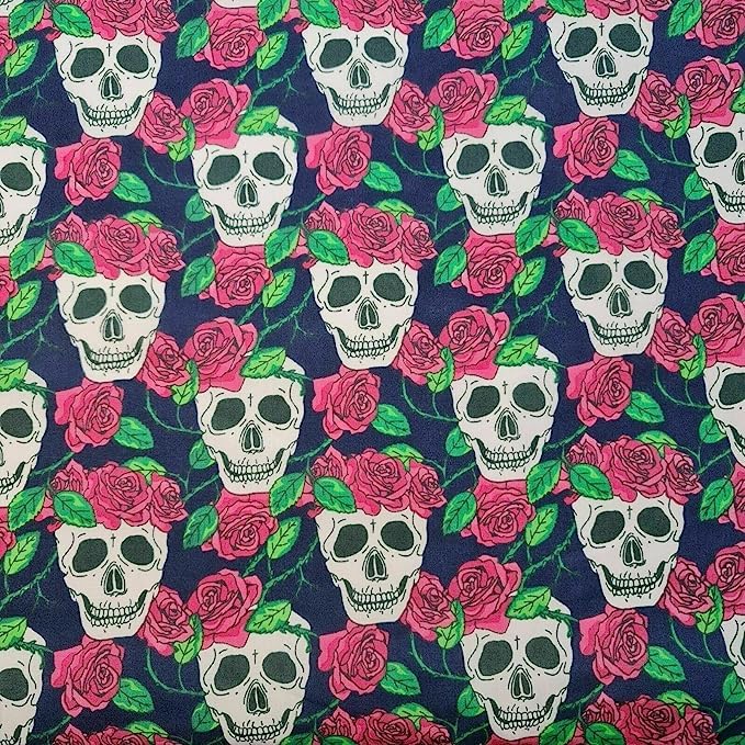 Textile Station Tela de polialgodón 100 % poliéster con estampado floral de animales, adecuada para patchwork acolchado y costura, 112 cm de ancho (5 metros, estampado de calavera azul)