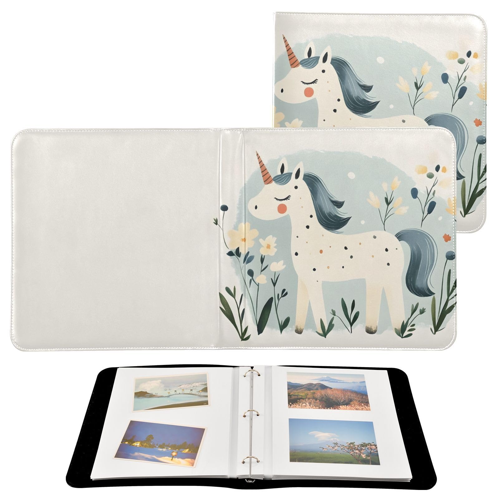 FOLIOSA Photo Album Cartoon Horse Print, Leather Cover Self Adhesive Scrapbook Album for 2x3/4x6/5x7/6x8 in Photos for Family Travel Wedding