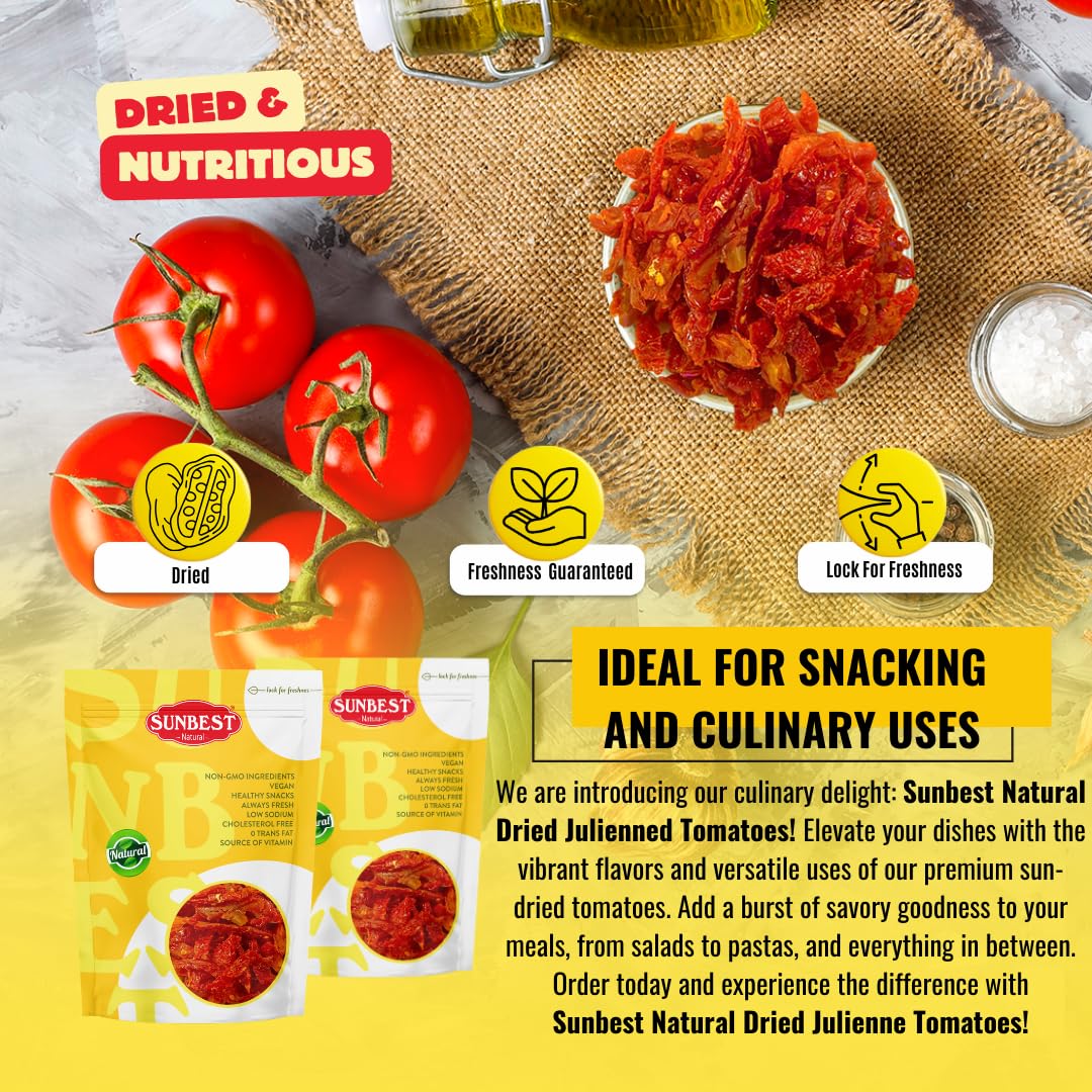 Sunbest Natural Julienned Sun-Dried Tomatoes – 5 lb Bulk Bag (80 oz) – Intense & Zesty Flavor – Moist & Ready to Eat – Vegan, Kosher, Non-GMO – Perfect for Snacking & Recipe Enhancing