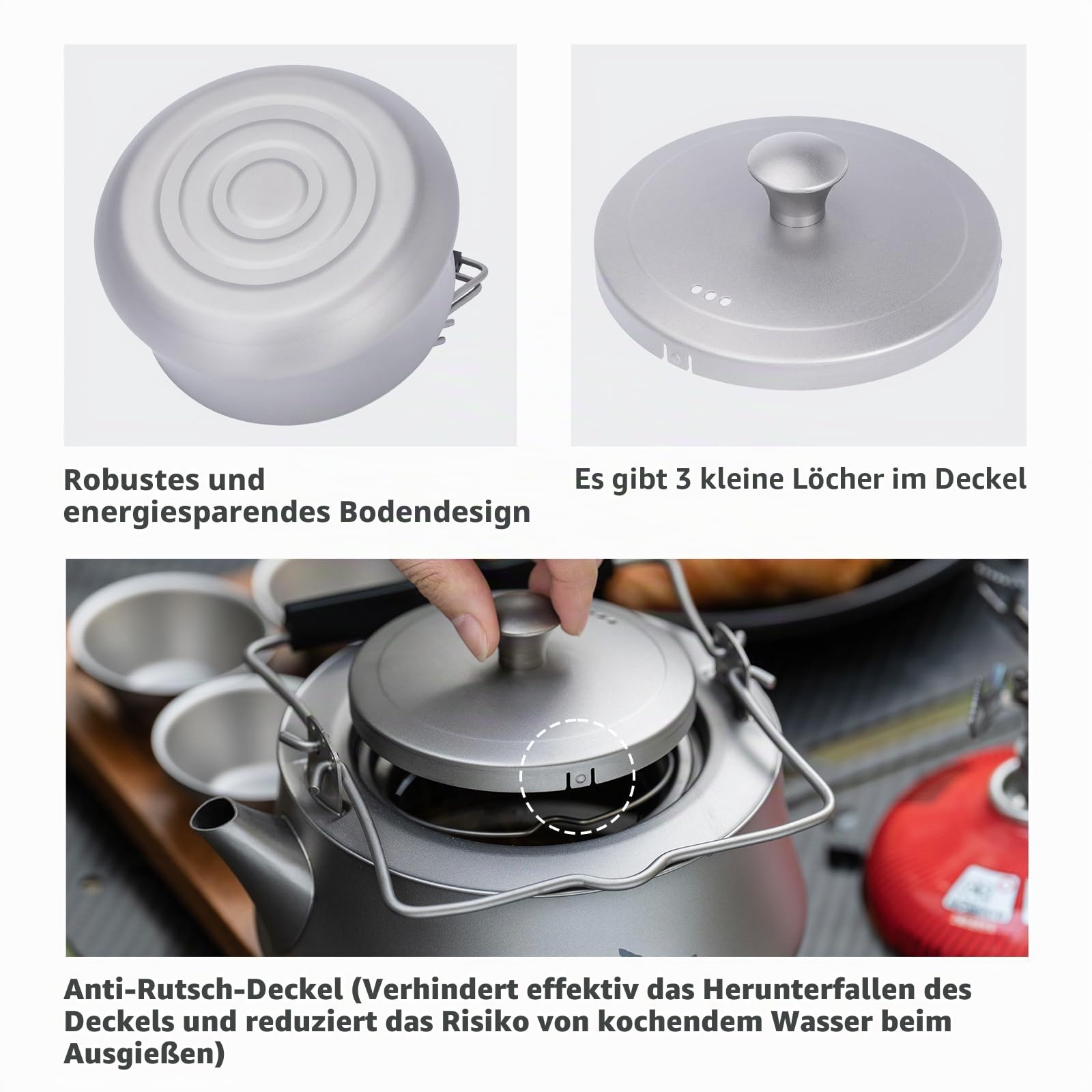 iBasingo 800ml Wasserkessel Camping Titan Teekessel mit Infusor für Losen Tee Kaffee Teekanne für Gaskocher mit Filter & Klappgriff Outdoor Ultraleicht Tragbare Metall Wasserkocher Ti3093D