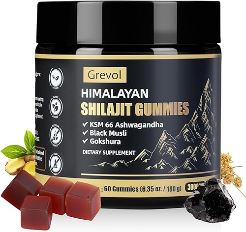 Gomitas puras de Shilajit del Himalaya con Ashwagandha, ácido fúlvico y más de 85 minerales traza, sin azúcar añadido, Shilajit para hombres y