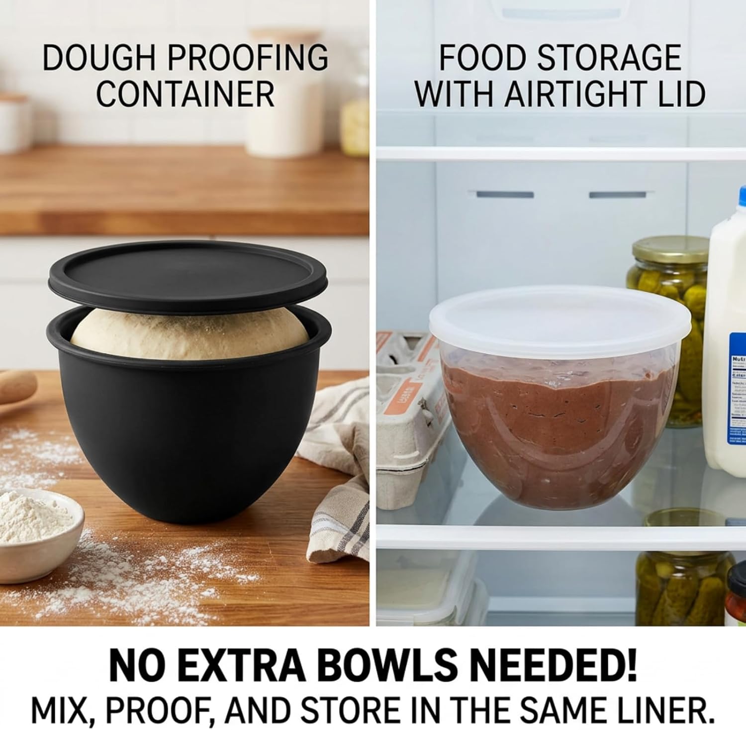 Silicone Bowl Liners for 5 Qt Tilt-Head Stand Mixers Only, Thick Odorless Non-Stick Mixing Bowl Inserts with Lids, Heat & Cold Resistant, Easy-Clean Set of 3