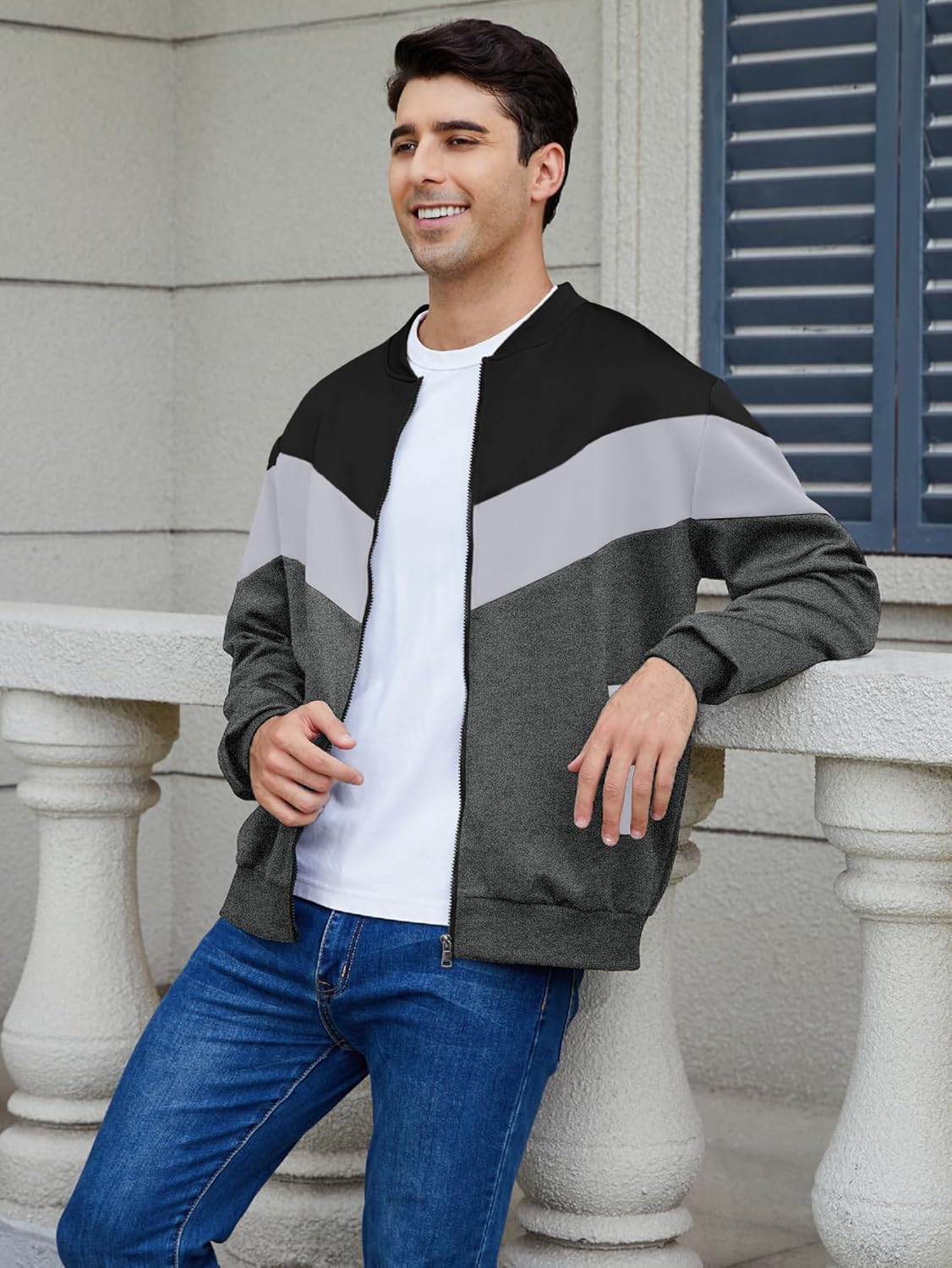 Arssm Mens Lightweight Jacket Color Block Bomber Jacket Patchwork Fall Zip Up Varsity Coat - Image 2