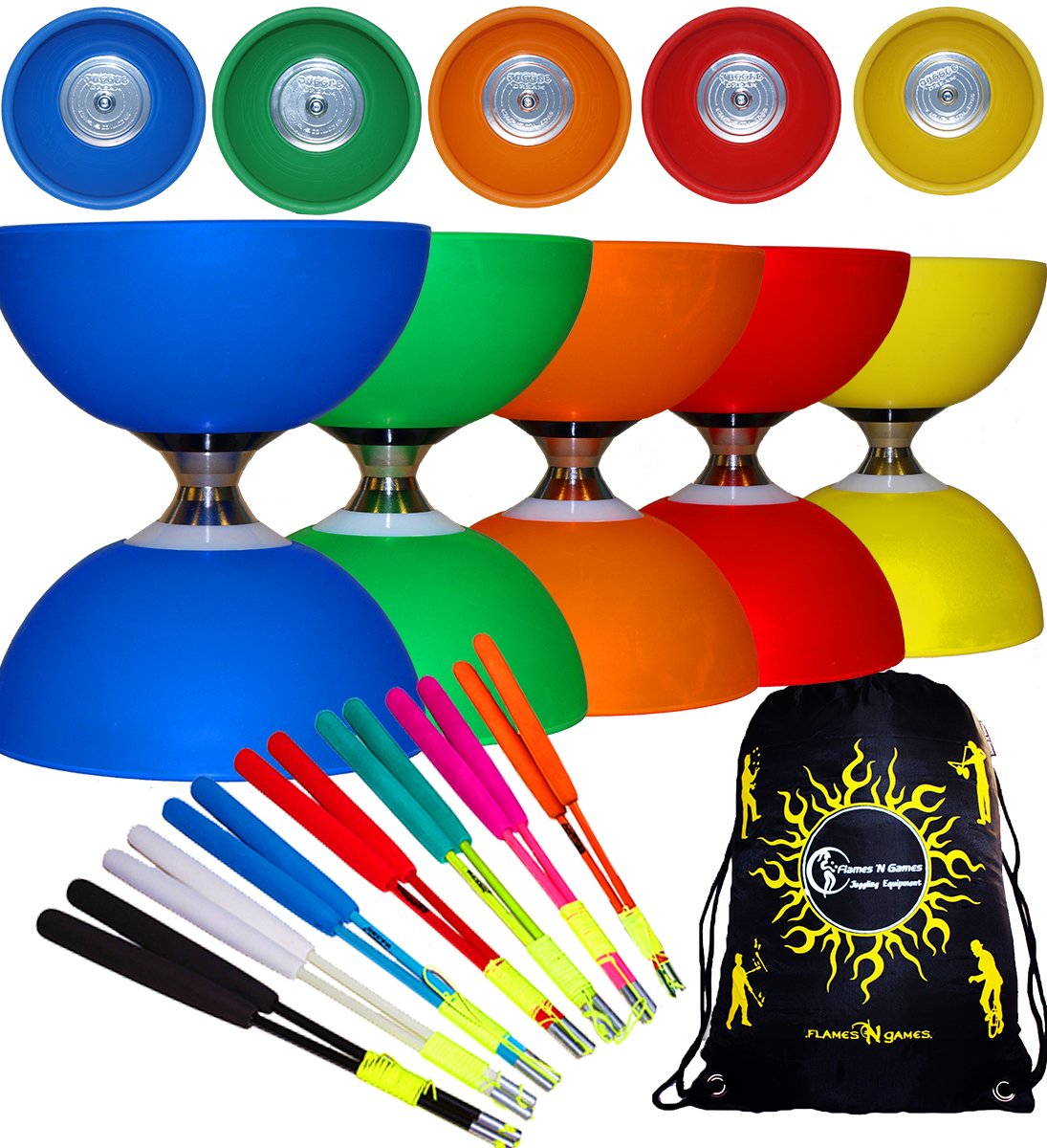Juggle Dream Cyclone CLASSIC Triple Ball Bearing Diabolo Set - One Way Clutch Axle + Coloured FIBREGLASS Handsticks + Travel Bag! (Blue Diabolo / Blue Handsticks)