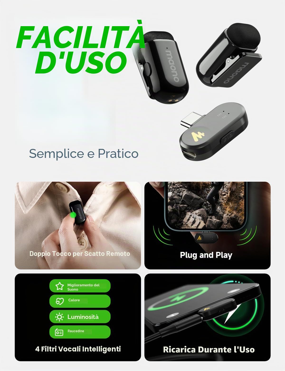MAONO Wave T1 Mini Microfono Lavalier Wireless per iPhone 17 16 15, Android, Tablet, PC con USB-C, Cancellazione Rumore, Filtro AI, 30 Ore con Custodia di Ricarica per Video, TikTok, YouTube