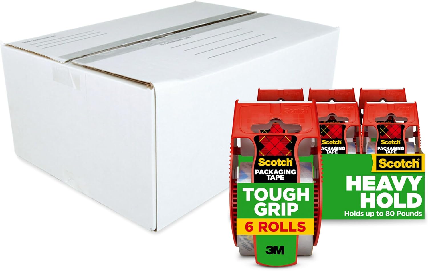 Scotch Tough Grip Packing Tape, 1.88 in x 22.2 yd, 6 Rolls with Dispensers + Scotch Mailing & Storage Boxes, 14 in x 10 in x 5-1/2 in