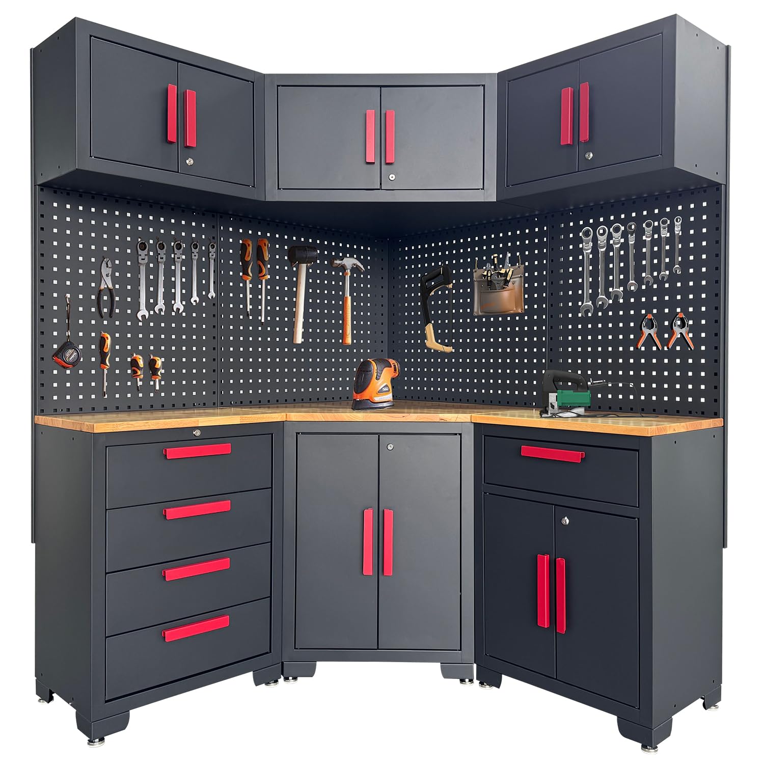 Corner Workshop Set - 10-Pcs Garage Cabinets and Storage System with Corner Cabinet, Cabinet Drawers, Workbench, Pegboard for Tool Organization, Red and Black