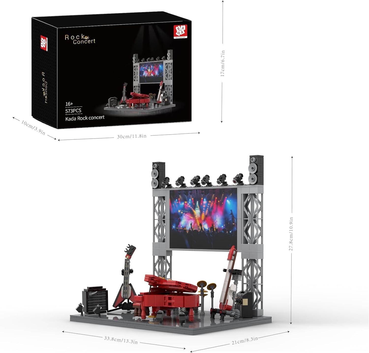 Rock Concert Building Blocks Set, 573PCS MOC Model with LED Light Stage, Piano, Guitar, Bass & Drum Set, Collector Music Gift for Adults & Fans