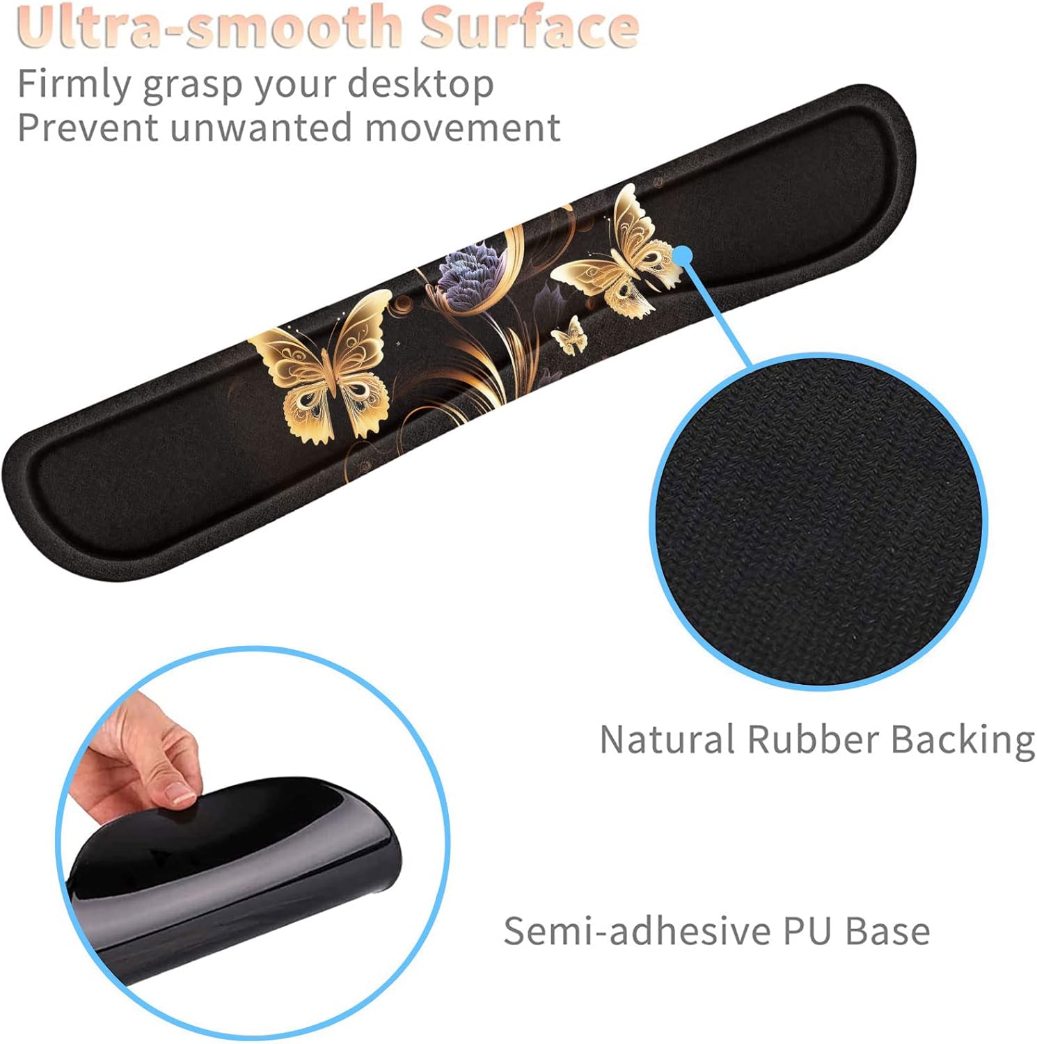 Keyboard Wrist Rest and Mouse Pad Wrist Support Set with Coffee Coaster, Non-Slip PU Base for Gaming and Office, Comfortable & Lightweight for Easy Typing & Pain Relief,Gold Butterfly