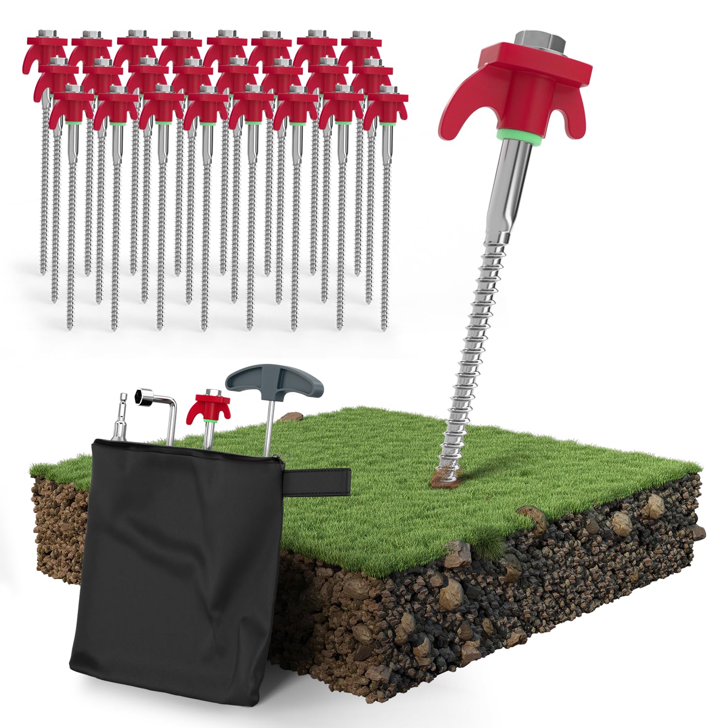 Set XXL Piquet de Tente a Visser I 24 Piquets de Tente inoxydables Anneaux I 2 Outils de vissage Sac et extracteur adaptés aux sols durs pour Camping I Sardine Tente I Sardine Camping