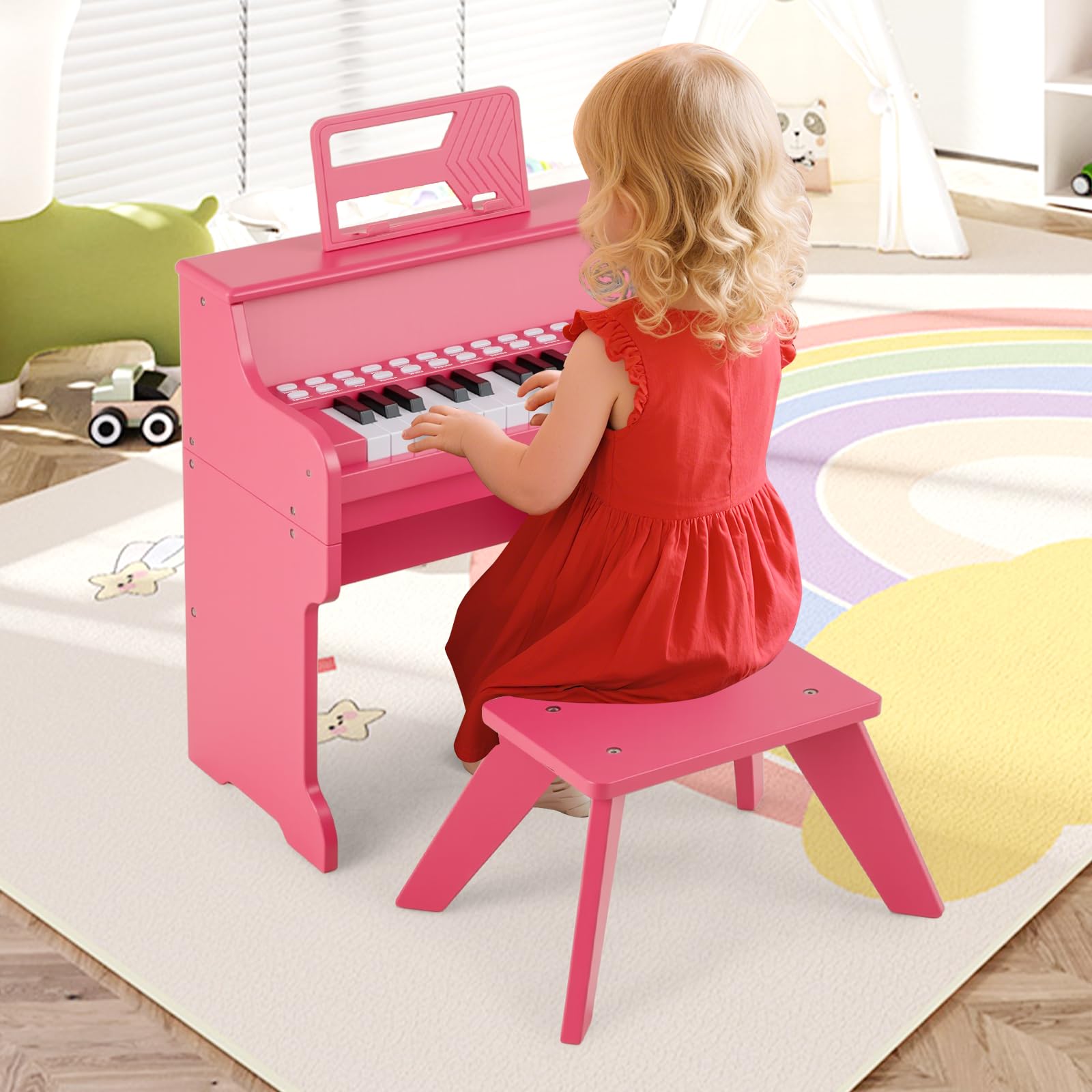 COSTWAY 25-Tasten Keyboard Kinder, elektronisches Kinderklavier mit Hocker, verstellbarem Mikrofon & Notenständer & Lehrmodus , Kinderpiano Klaviertastatur für Kinder ab 3 Jahren (Rosa)