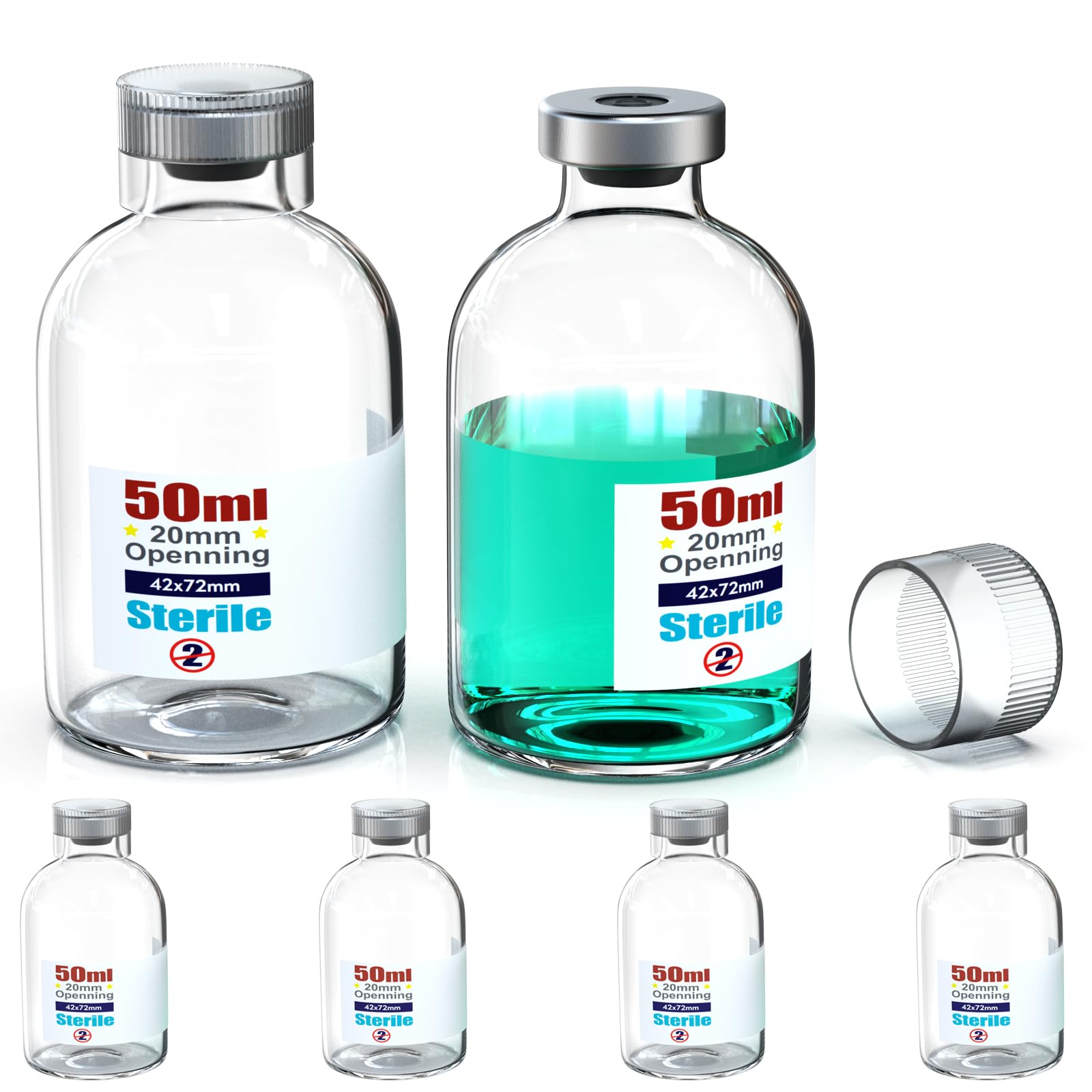Biomed Solutions Sterile Empty Vial with Reusable Plastic Cap,Ready to Fill Glass Containers, Liquid Injection Bottle Sealed with Self Healing Injection Port (50ml Clear 6pcs)