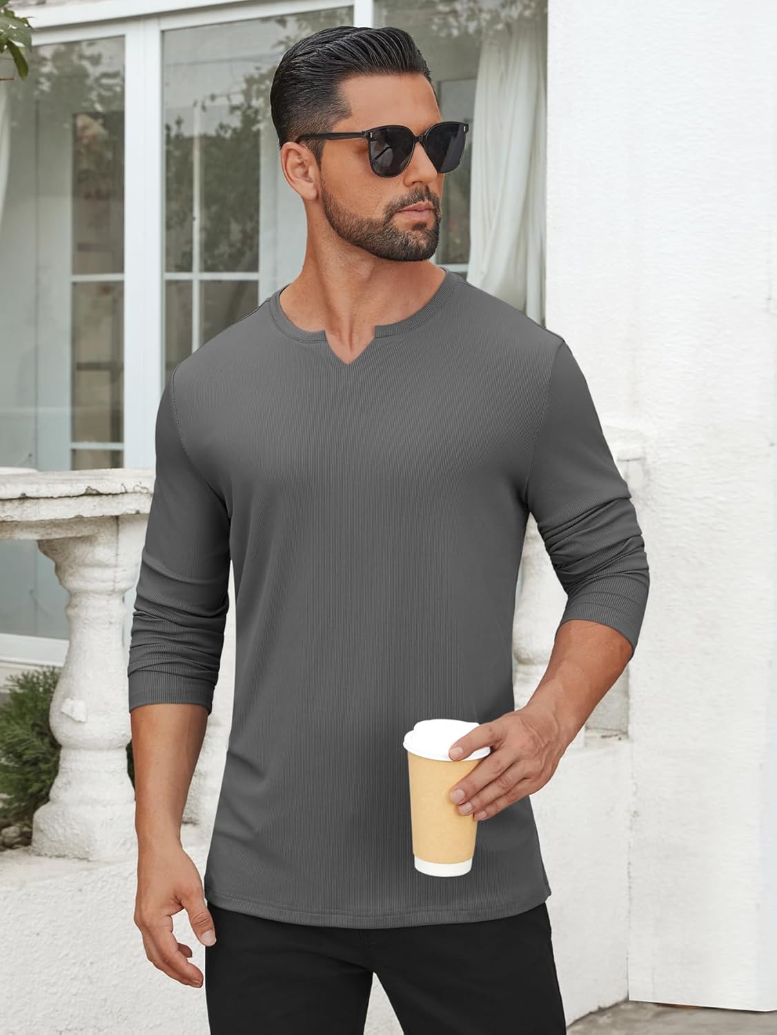 Hardaddy Men's V Neck Long Sleeve Ribbed Casual T-Shirt Basic Solid Tee Shirts - Image 2