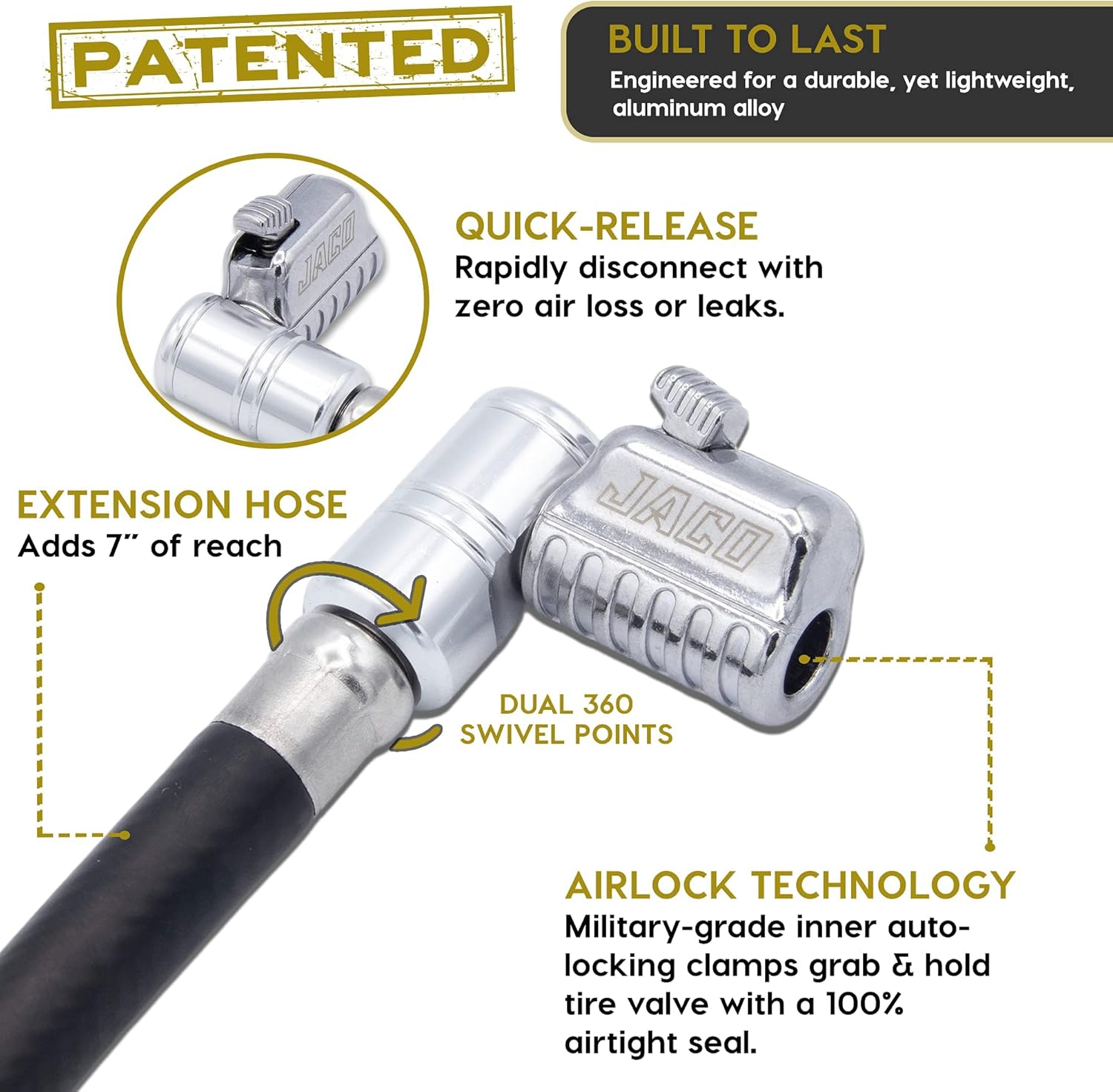 JACO SmartPro 2.0 AC/DC Tire Inflator Air Compressor (12V DC, 120V AC) with Locking Lightning L2X Hose Extension (Bundle)