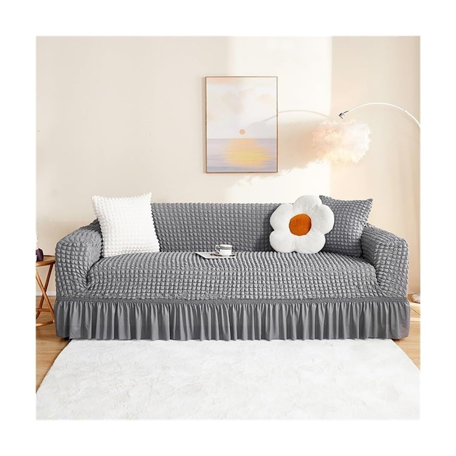 BEIWOSHA Seersucker Sofa Slipcover With Elastic Bottom And Ruffle Skirt, Washable Couch Covers High Stretch Furniture Slipcovers(2,2 seaters(145-185cm))