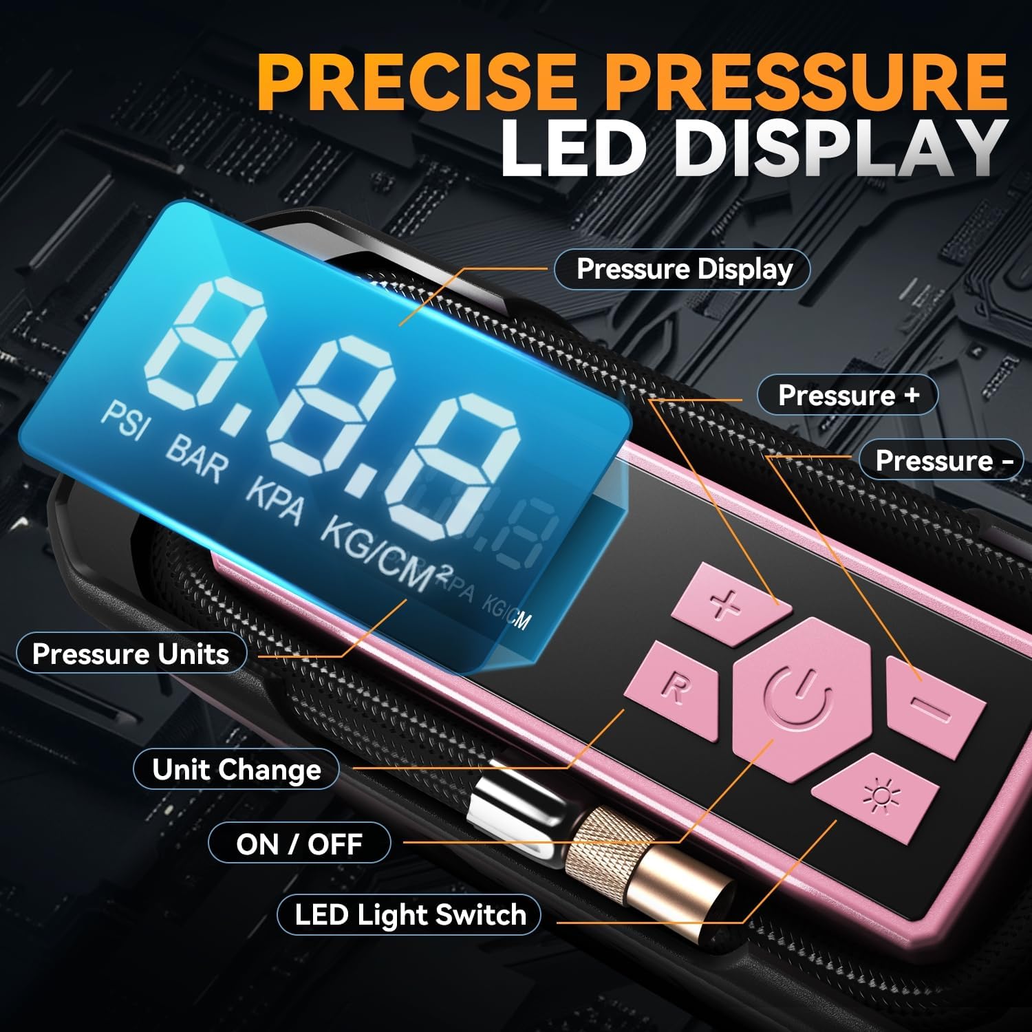 Auto Dynasty Digital Tire Inflator Portable Air Compressor, 12V DC 150 PSI Power Electric Car Tire Air Pump with LED Light and Pressure Gauge for Car, Motorcycle, Bicycle, Bike, Ball (Pink) - Image 3