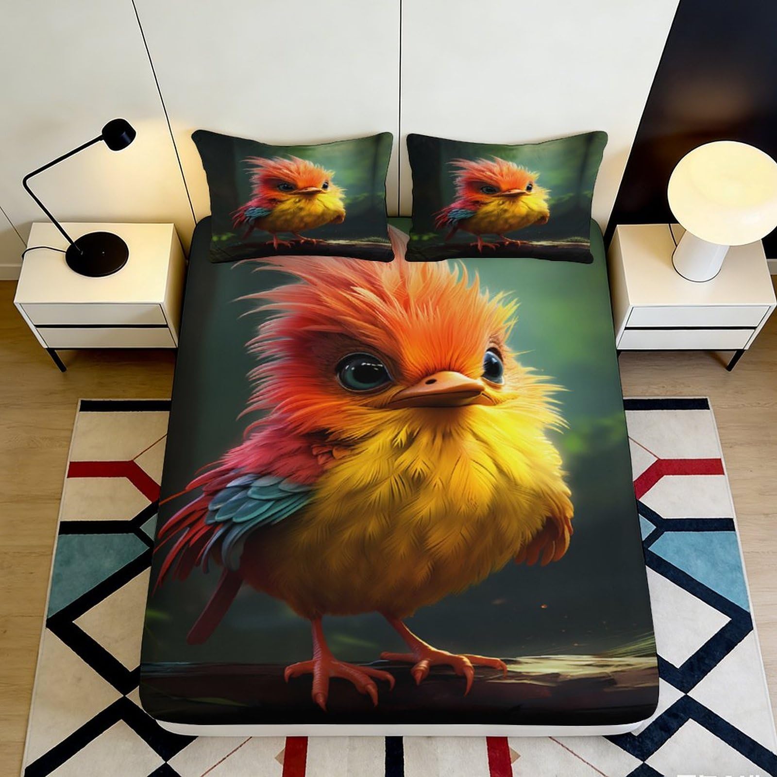 3D Printed Colorful Bird Fitted Sheet Microfiber Soft Anti-Slip Cute Cartoon Chick Bed Cover for Bedroom Dorm Protection 120x200x25cm