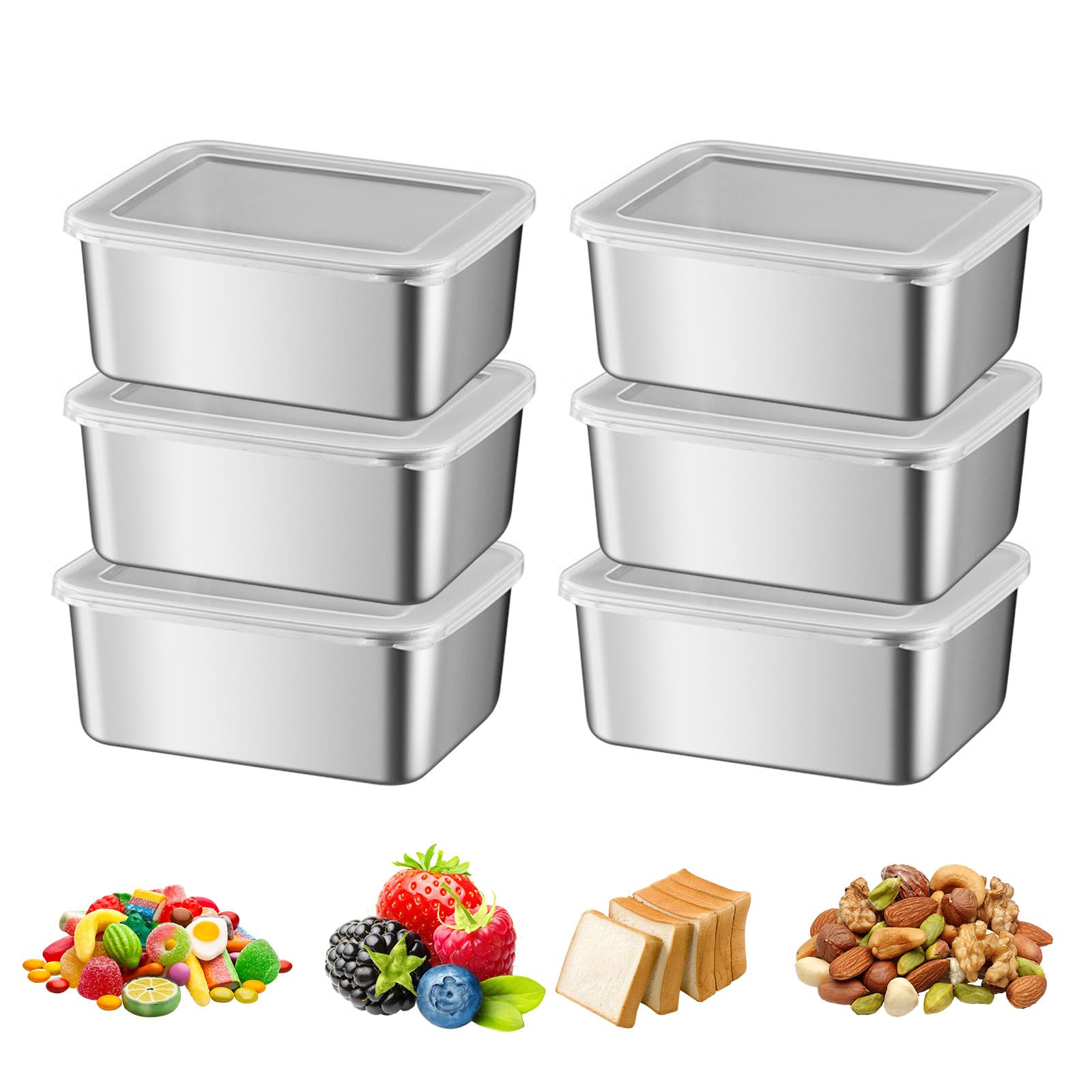 Zjyufy 6pcs Stainless Steel Containers, Stainless Steel Multipurpose Reusable Stackable Box with Lid, Transparent Lid Food Storage Container Oven Freezer Dishwasher Safe