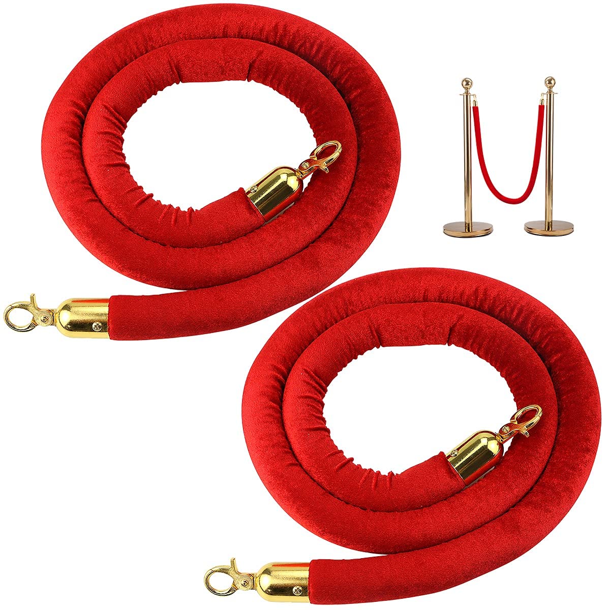 Excefore 2 pcs Red Velvet Stanchion Rope,Crowd Control Barriers Safety Velvet Rope with Polished Gold Hooks for Movie Theaters Grand Openings Hotels, Carpet Events, Party Supplies