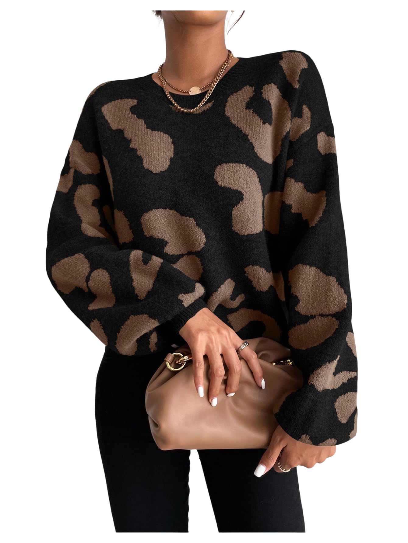 Verdusa Womens Drop Shoulder Leopard Sweater Old Money Crew Neck Knit Tops