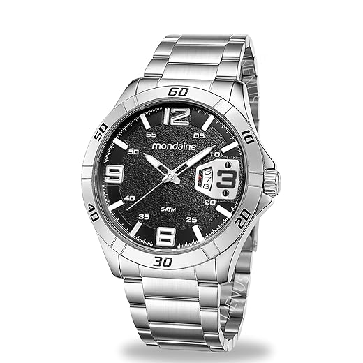 Relógio Mondaine Masculino De Pulso Analógico Quartz Esportivo Robusto Prata Em Aço Inoxidavel Brilha No Escuro Fundo Preto Prova D'água em 50 Metros Original