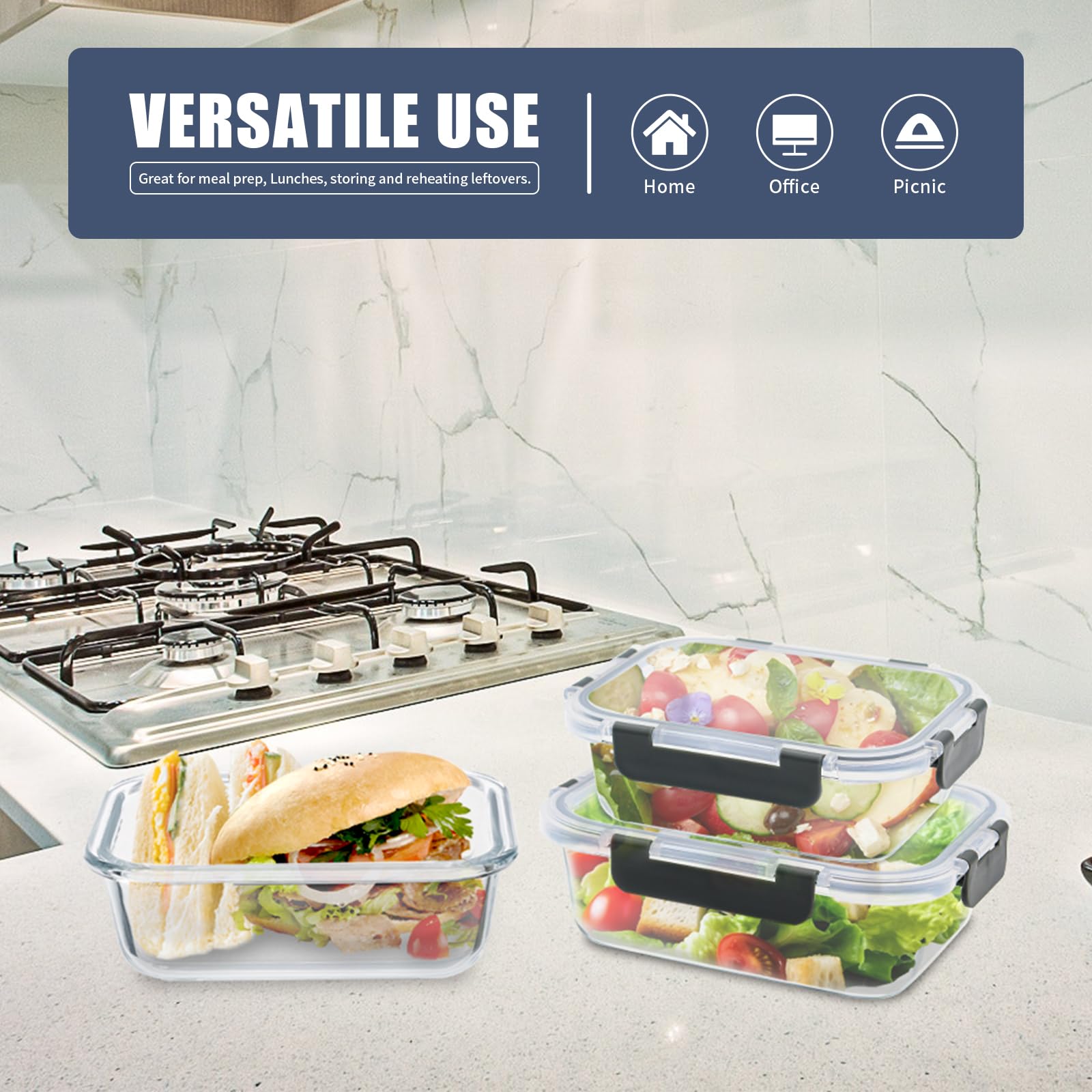 GULFLIN 6 Stück Glasbehälter für Mahlzeiten, Frischhaltedosen, luftdichte Bento-Boxen mit auslaufsicheren Deckeln, gefrier- bis mikrowellengeeignet