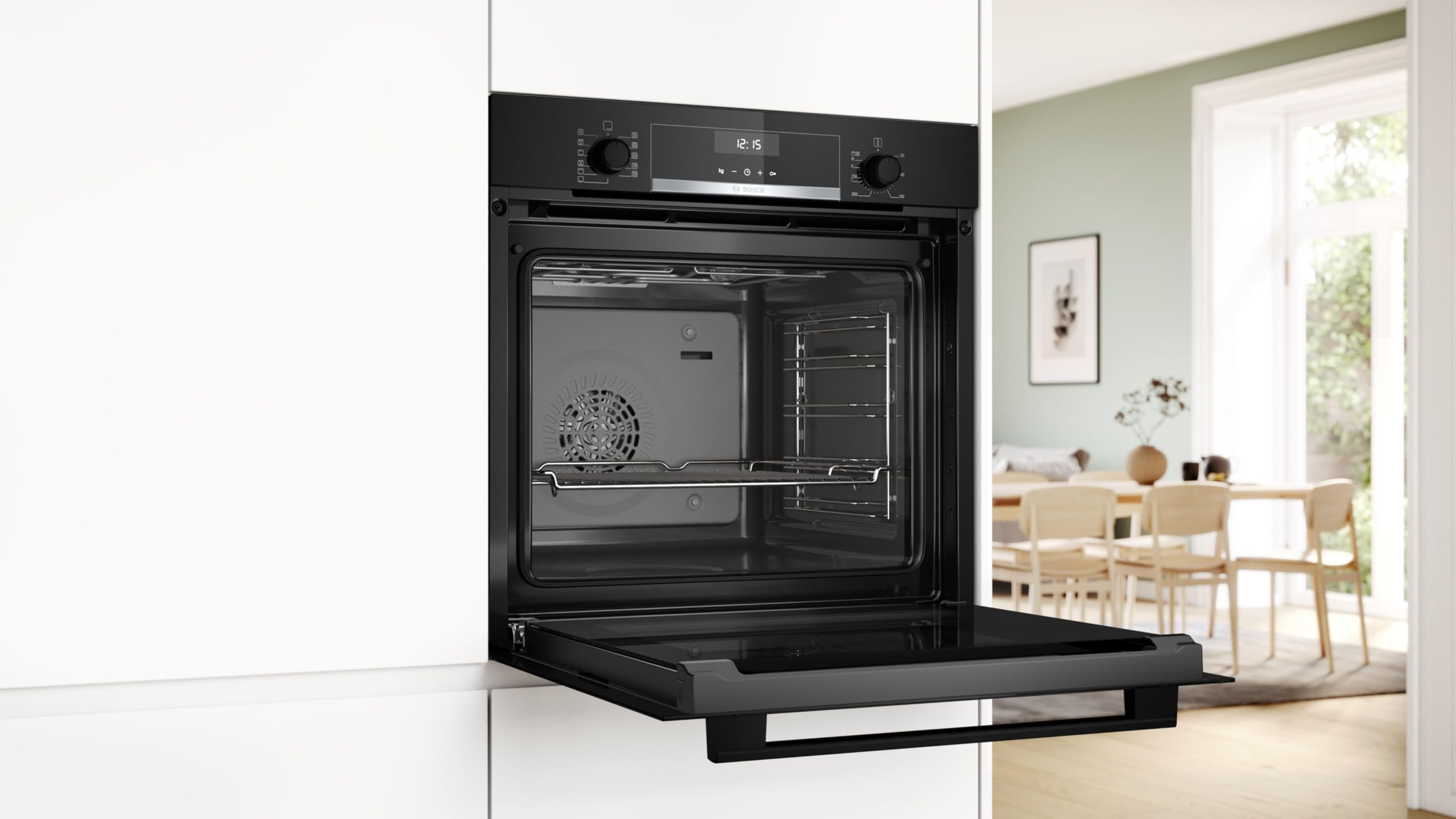 Bosch Einbau-Backofen 60 x 60 cm, Serie 6, Air Fry Funktion, 10 Automatikprogramme, 3D Heißluft für gleichmäßige Hitze auf 3 Ebenen, Reinigungsunterstützung mit Wasserdampf, HBG537BB4, Schwarz