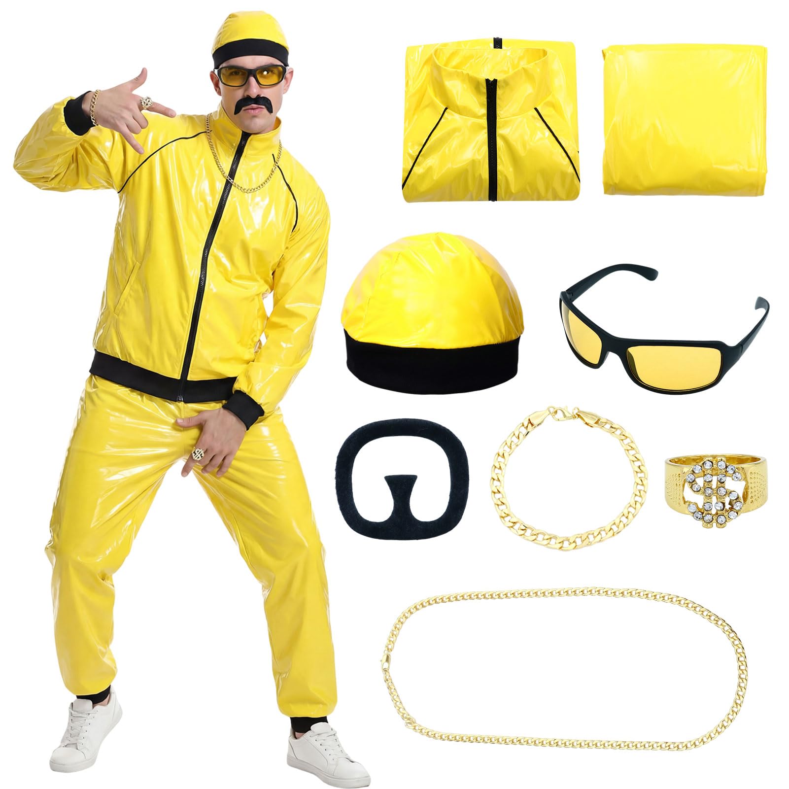 Crittygo Ali g Costume Adult, 90s Fancy Dress Costume for Men, Rapper Celebrity Costumes with Hat Necklace Glasses Beard, Funny Yellow Fancy Dress for Halloween & Stag Do