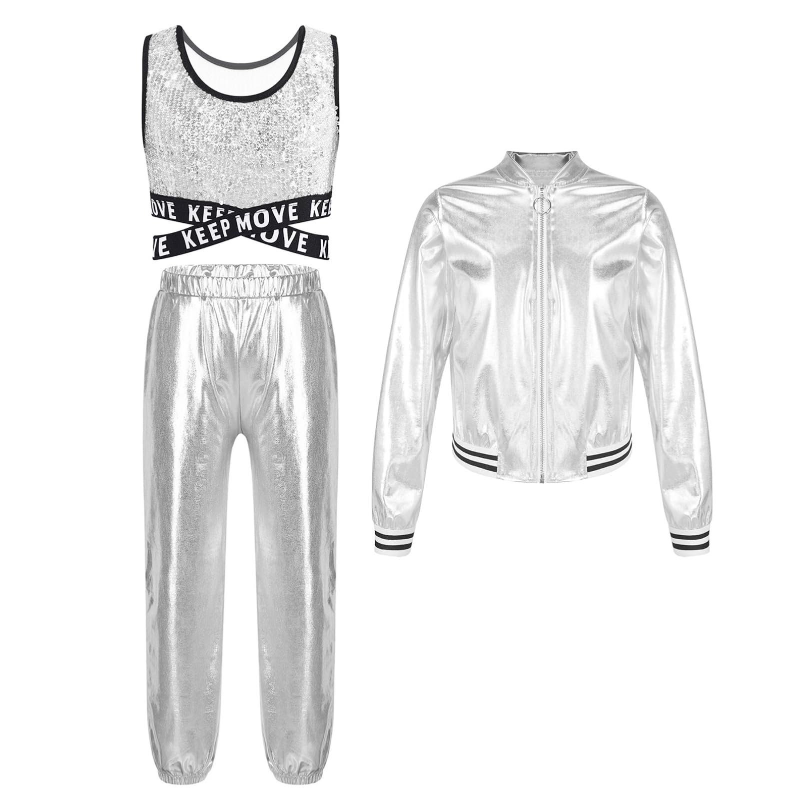 iiniim 3 Pezzi Tuta Sportiva Bambina Completo Costume da Ballo Moderno Lucido Crop Top Jacket con Zip + Pantaloni di Strada Jazz Hip-Hop Streetwear