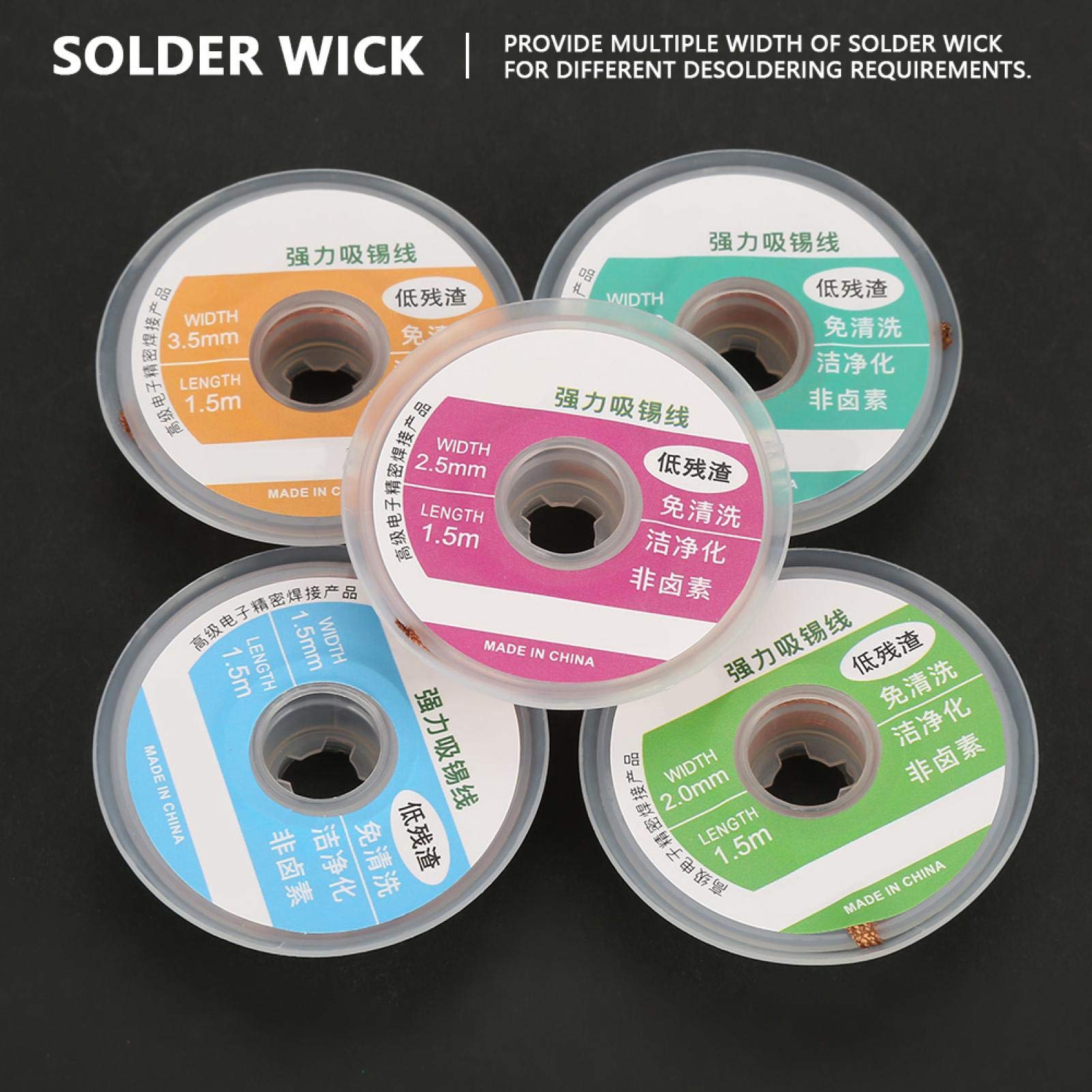5-Pack Desoldering Braid/Wick - 1.5m Each, Multiple Widths For PCB Repair (1.5mm-3.5mm)