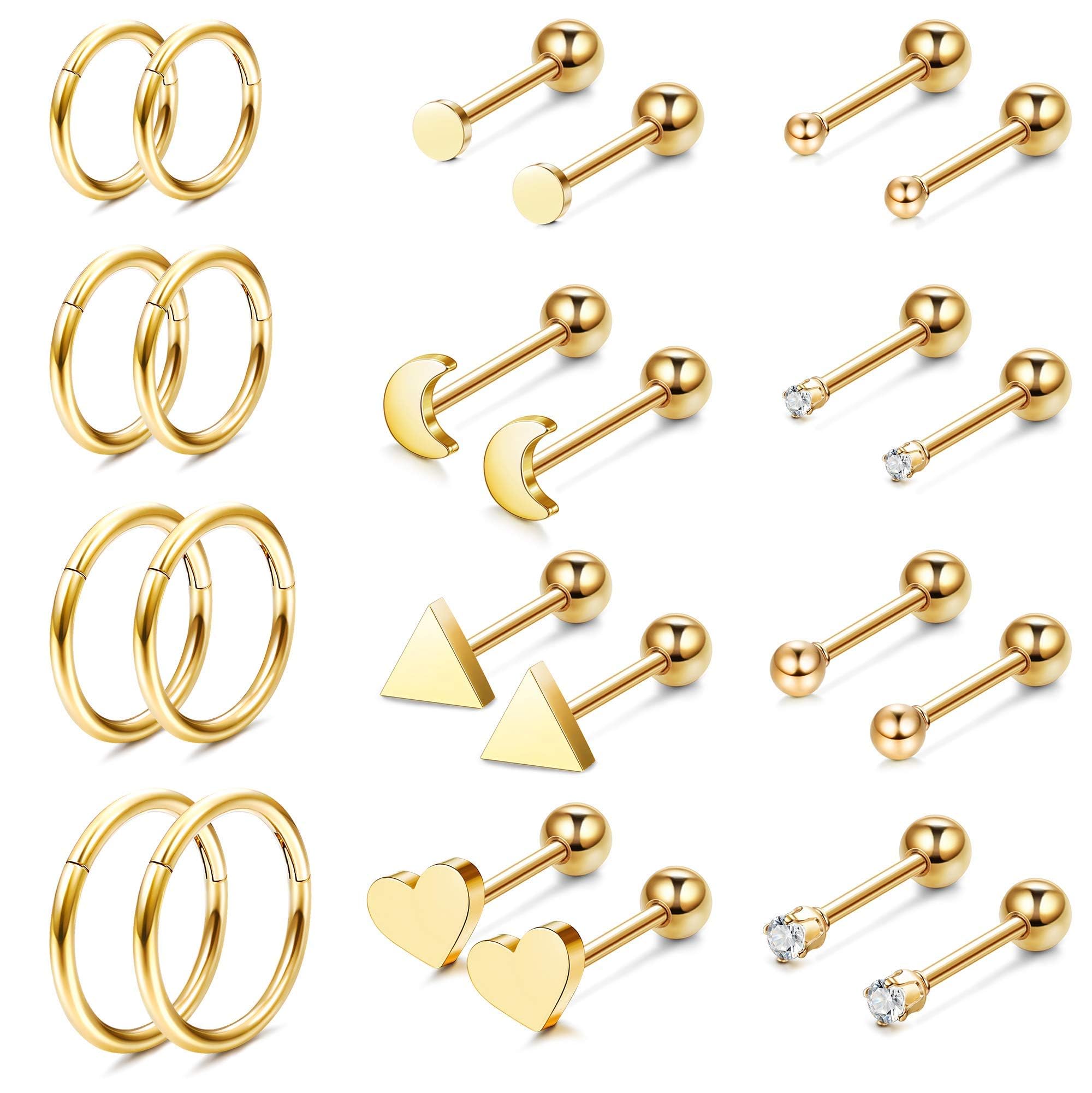 FIOROYAL 12 Piezas Pendientes Mujer Acero Quirurgico Hipoalergénicos Cartílago Estrella Luna Corazón CZ Bola Redondo Corazón Luna Piercing Oreja para Mujeres Hombres