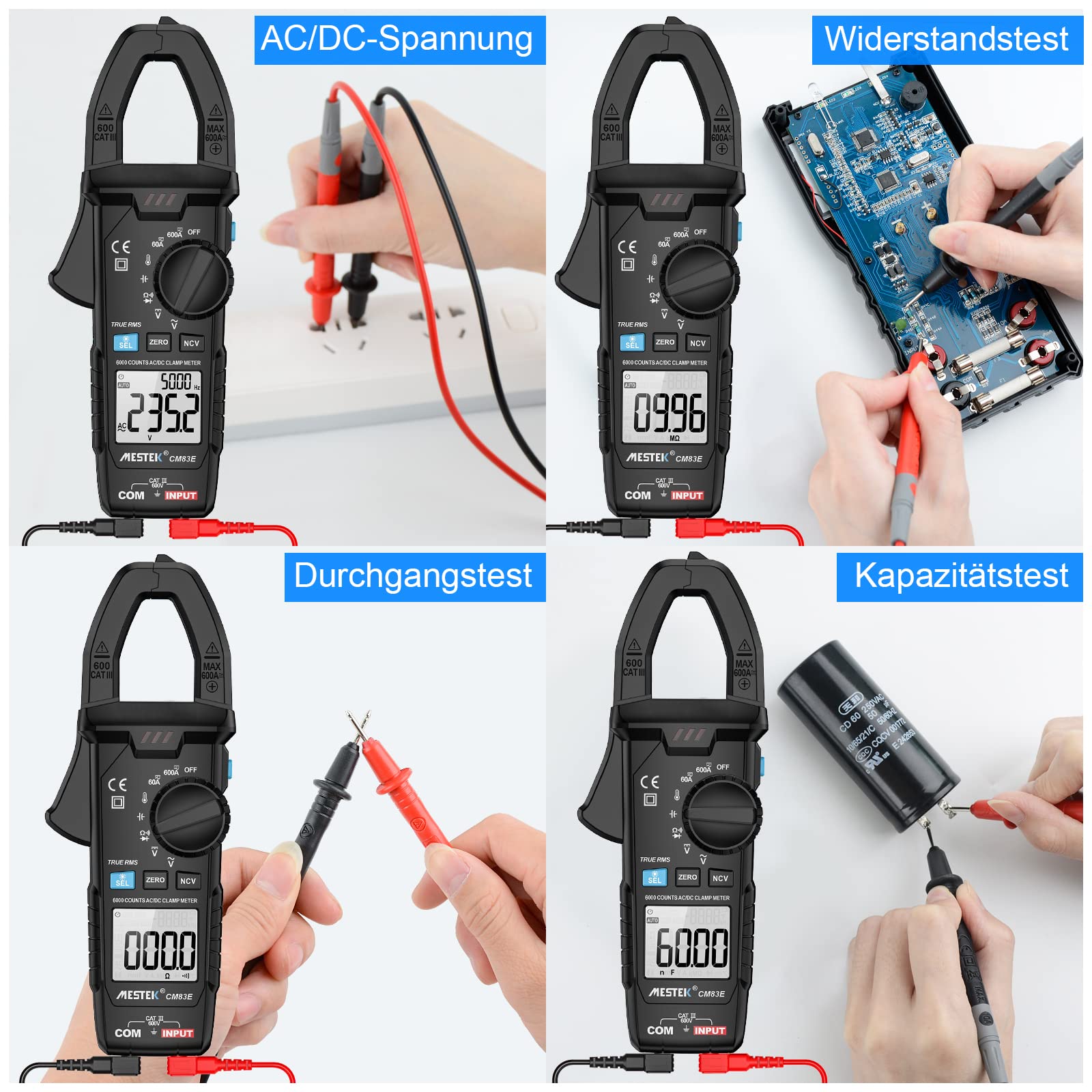 Pinza Amperimetrica Multimetro MESTEK Polimetro Digital Profesional Clamp Meter AC DC Corriente Voltaje CA/CC T-RMS Amperímetro Autorango Resistencia/Frecuencia/Temperatura Bateria NCV VFC 6000Cuentas