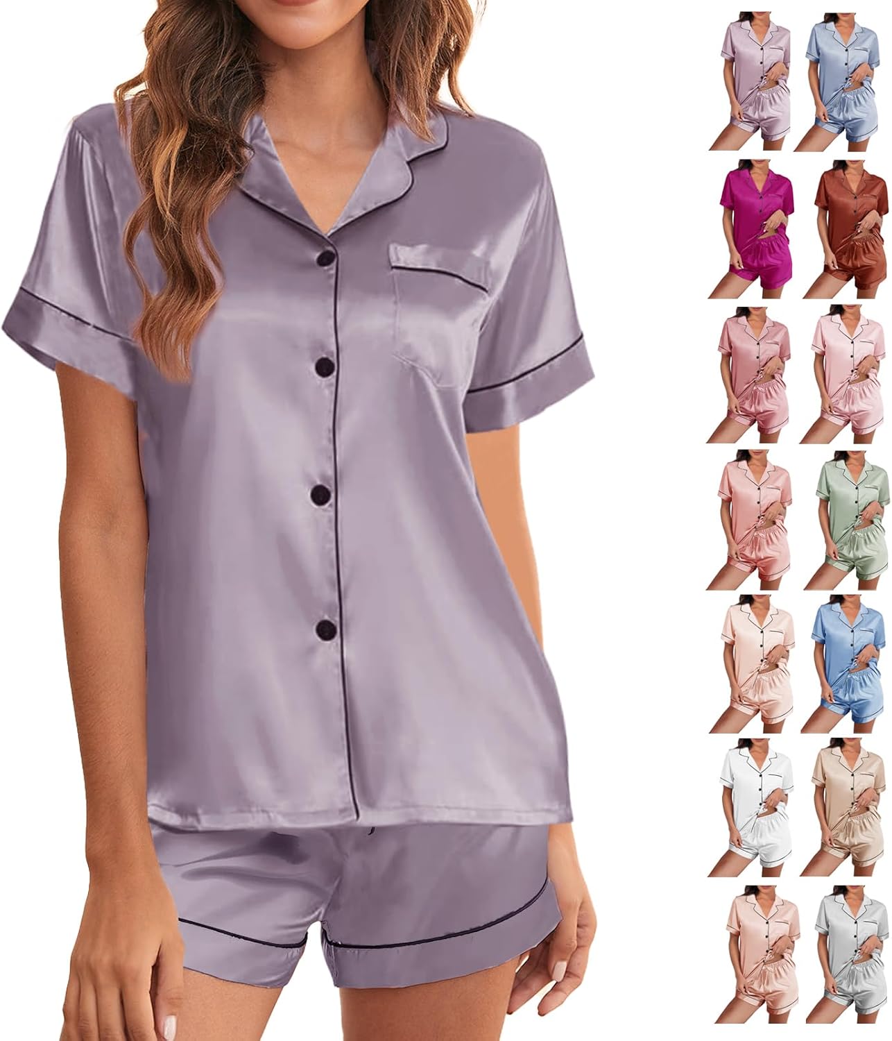 Womens Silk Satin Pajamas Loungewear Two-Piece Sleepwear Button-Down Floral Pj Set - Size: L - Image 6
