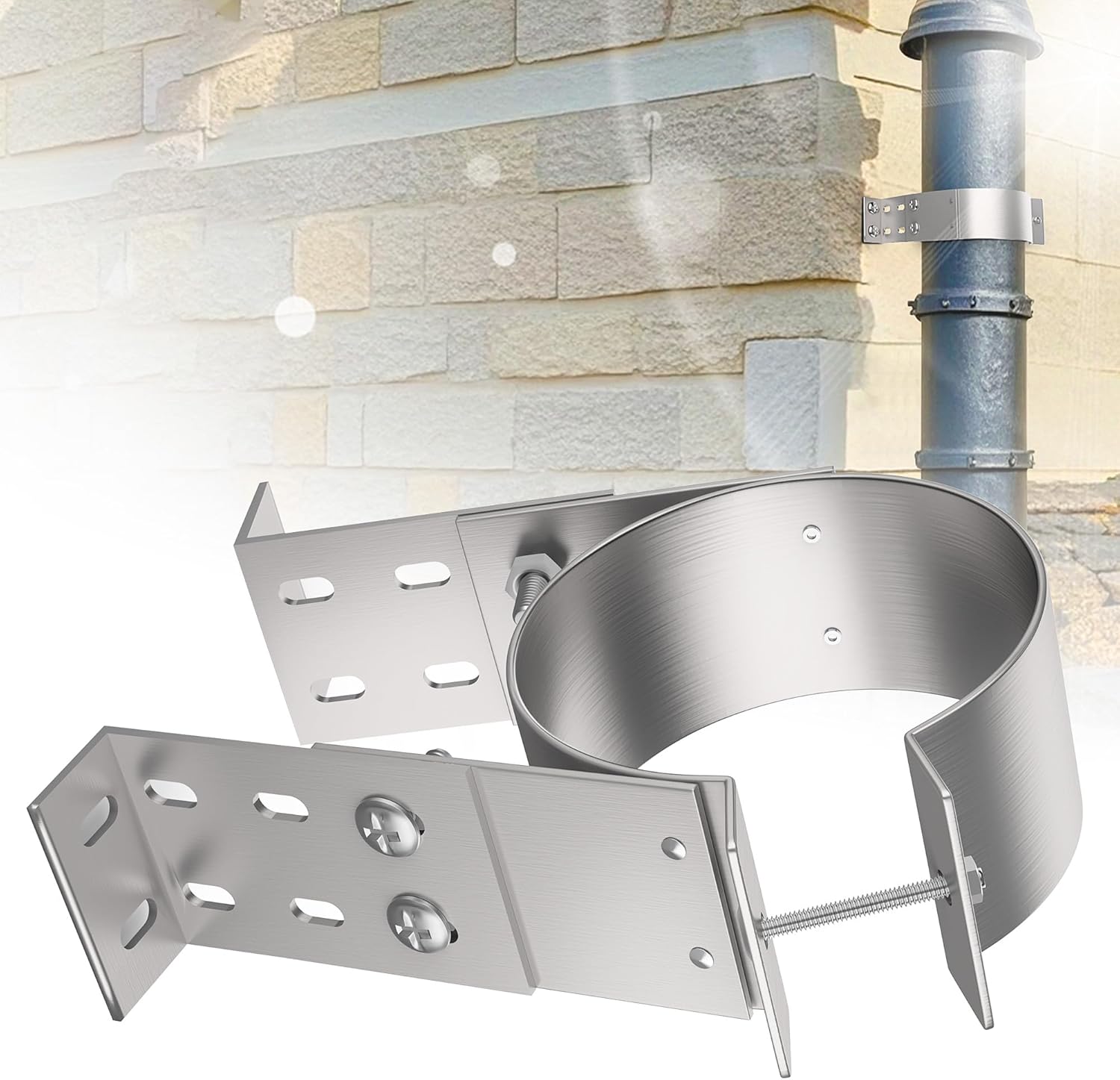 3" Adjustable Chimney Pipe Support Bracket, Pellet Chimney Wall Strap, Ventilation Duct Wall Fixing Bracket, Metal, Silvery
