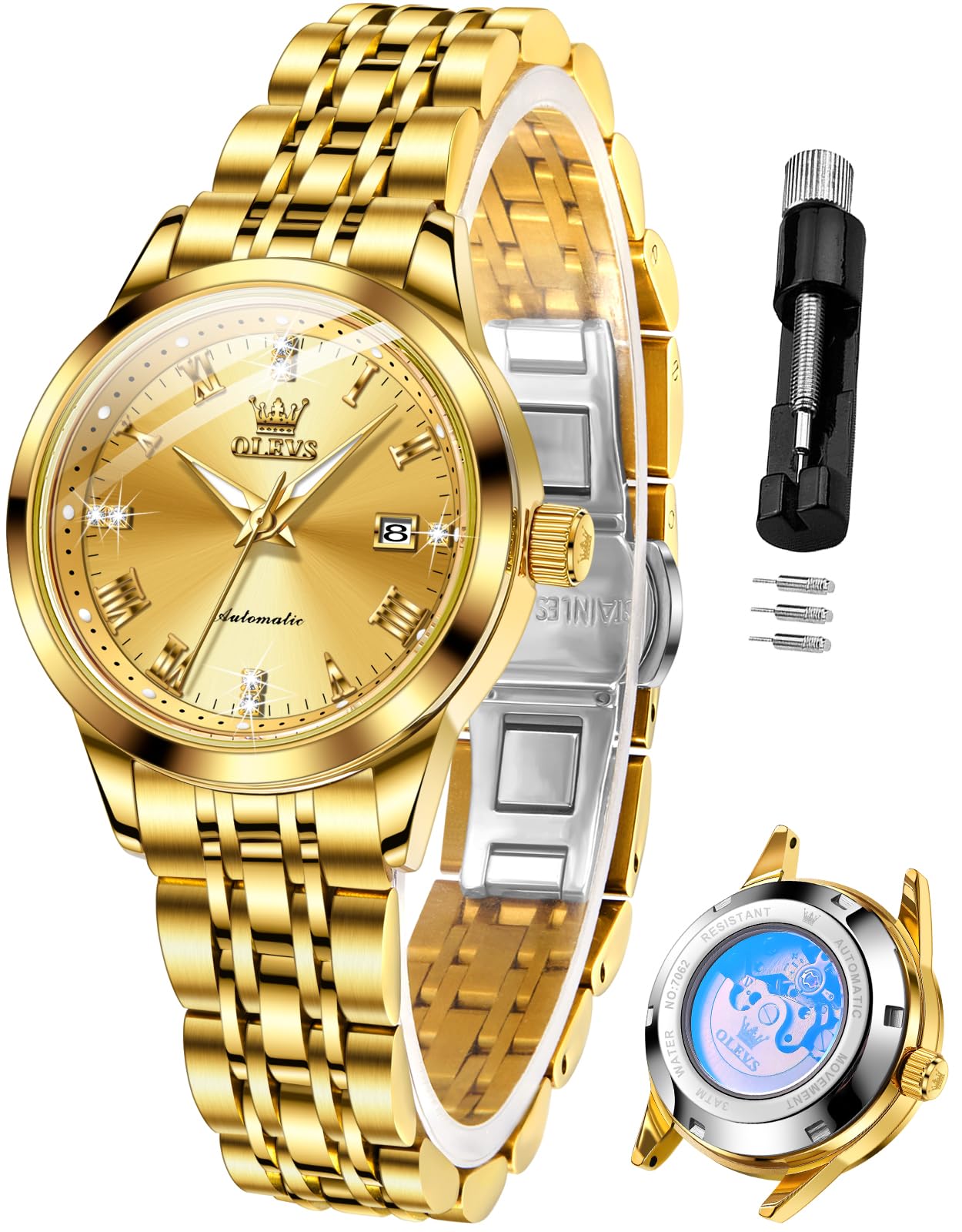 OLEVSWomens Automatic Watch Gold Luxury Diamond Self Winding Ladies Wrist Watches Waterproof Luminous Date