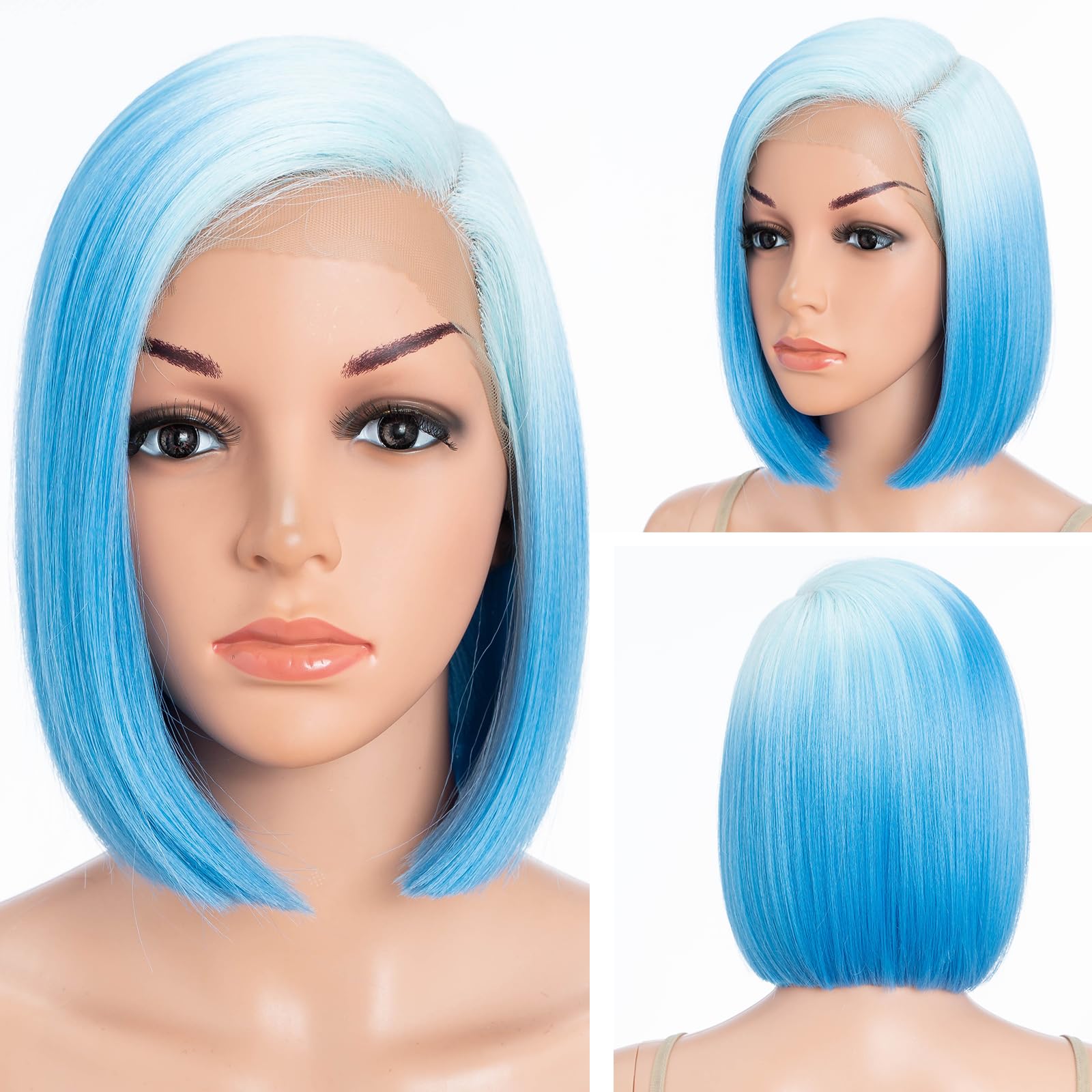 DÉBUT Short Bob Wigs Light Blue to Sky Blue Side Part with Ear to Ear Lace Front Wig Ombre Blue Lace Bob Wig for Women Heat Resistant Synthetic Hair
