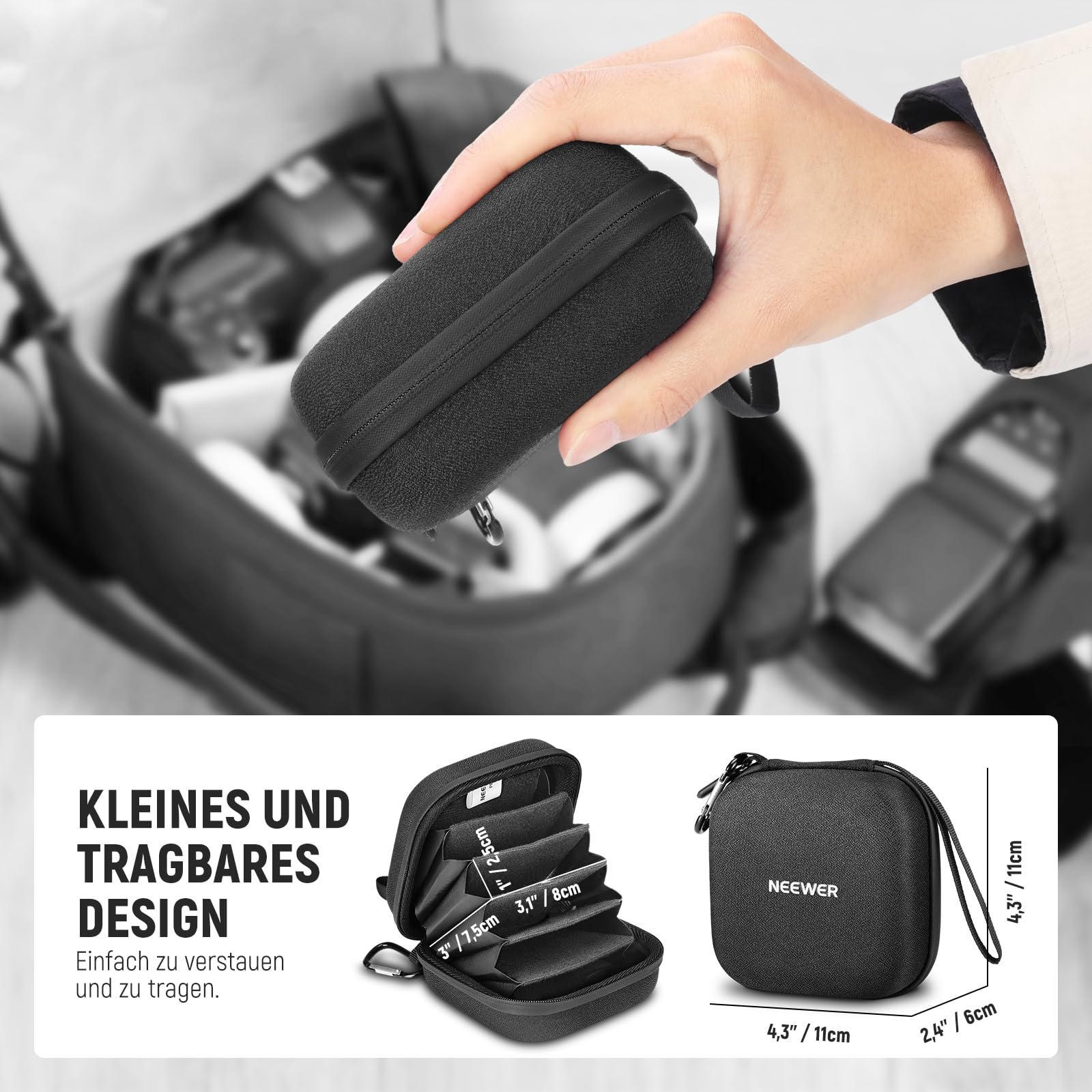 NEEWER PB12 11 x 11cm Filter Aufbewahrungstasche mit erweiterbaren Unterteilungen, Handschlaufe und Karabiner für 4 Rundfilter 86mm