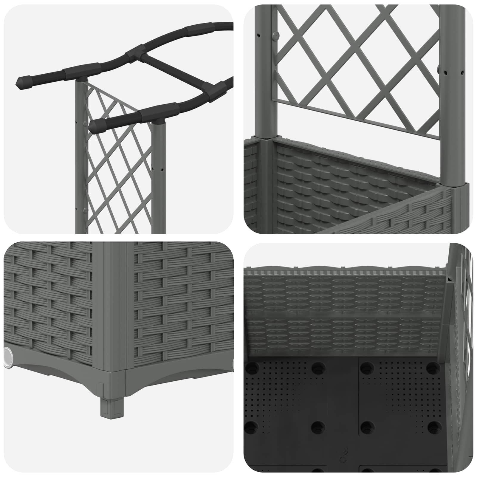 Jardinera con enrejado y techo, maceta de polipropileno gris claro, 164 x 40 x 138 cm, resistente a la intemperie para terraza y balcón, con orificio de drenaje y almacenamiento de agua para
