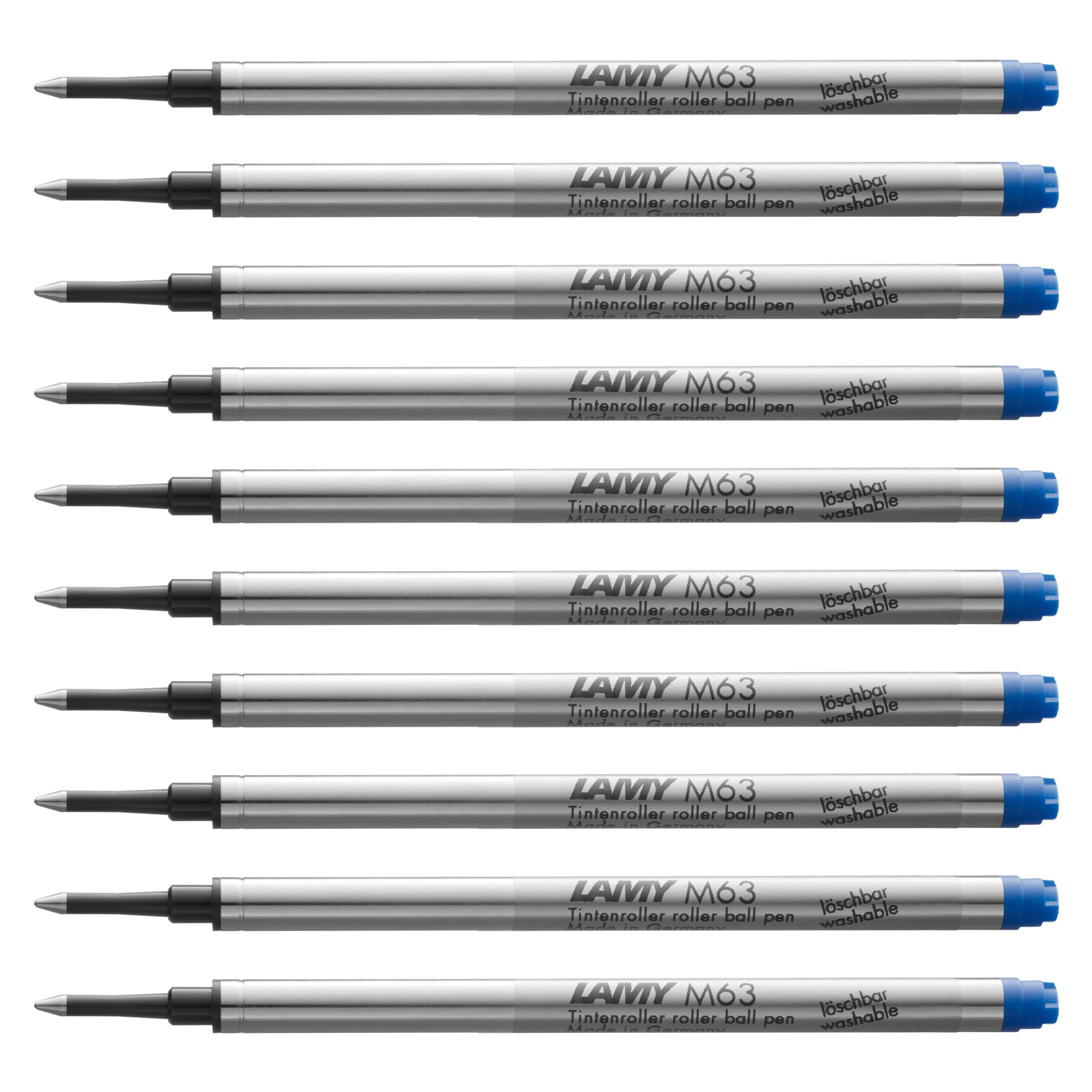 Lamy M63 10-pack of large-capacity metal rollerball refills - Original replacement refills for all rollerball pens with cap - Document-proof - Medium line width in blue ink