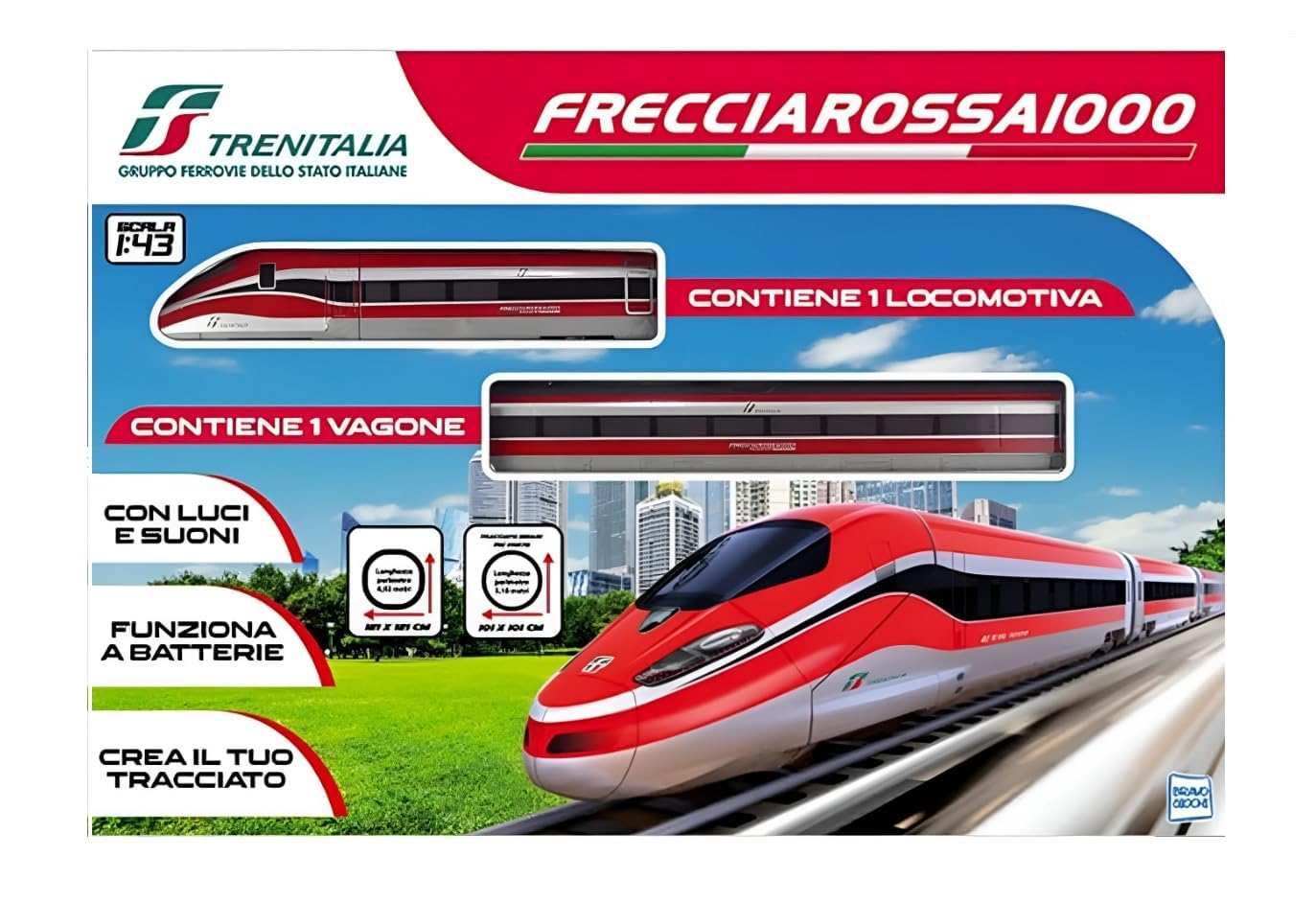 Pista Trenitalia Frecciarossa 1000 Scala 1:43 - Treno Giocattolo 1 locomotiva 1 vagone e 6 tracciati in 1 - Funzionamento a Batteria - idea regalo