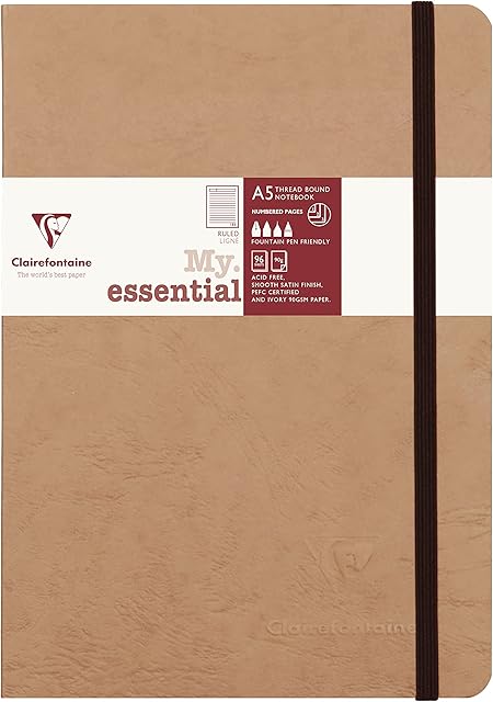 Clairefontaine - Ref 79346C - Age Bag Thread-Bound Notebook (192 Pages) - A5 Size, Lined Rulings, 90gsm Brushed Vellum Paper, Elastic Closure - Brown Cover