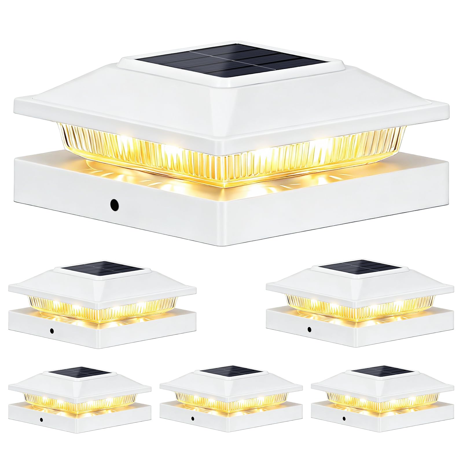 Photo 1 of Brightever 4x4 3.5x3.5 Solar Post Cap Lights Outdoor 6-Pack, Solar Fence Post Lights Fit Vinyl/Wood Posts, 2 Modes(Warm/Cool White), Solar Powered Waterproof Deck Post Lights for Patio Porch, White