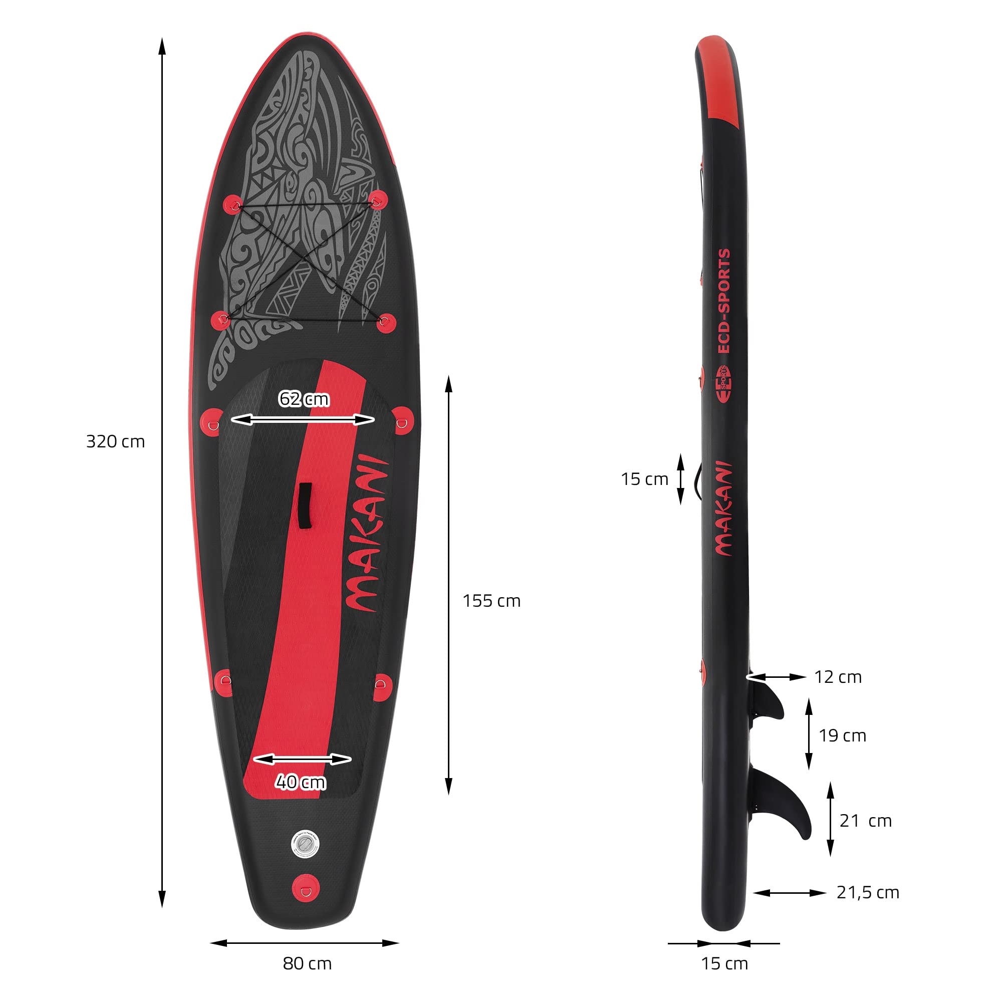 ECD Germany Stand Up Surf Paddle Board Inflable 305/308/320/380 cm | PVC | hasta 120/150 kg | Grosor 10/15 cm | Tabla de Surf Paleta Bolsa de Transporte Bomba de Aire Modelos