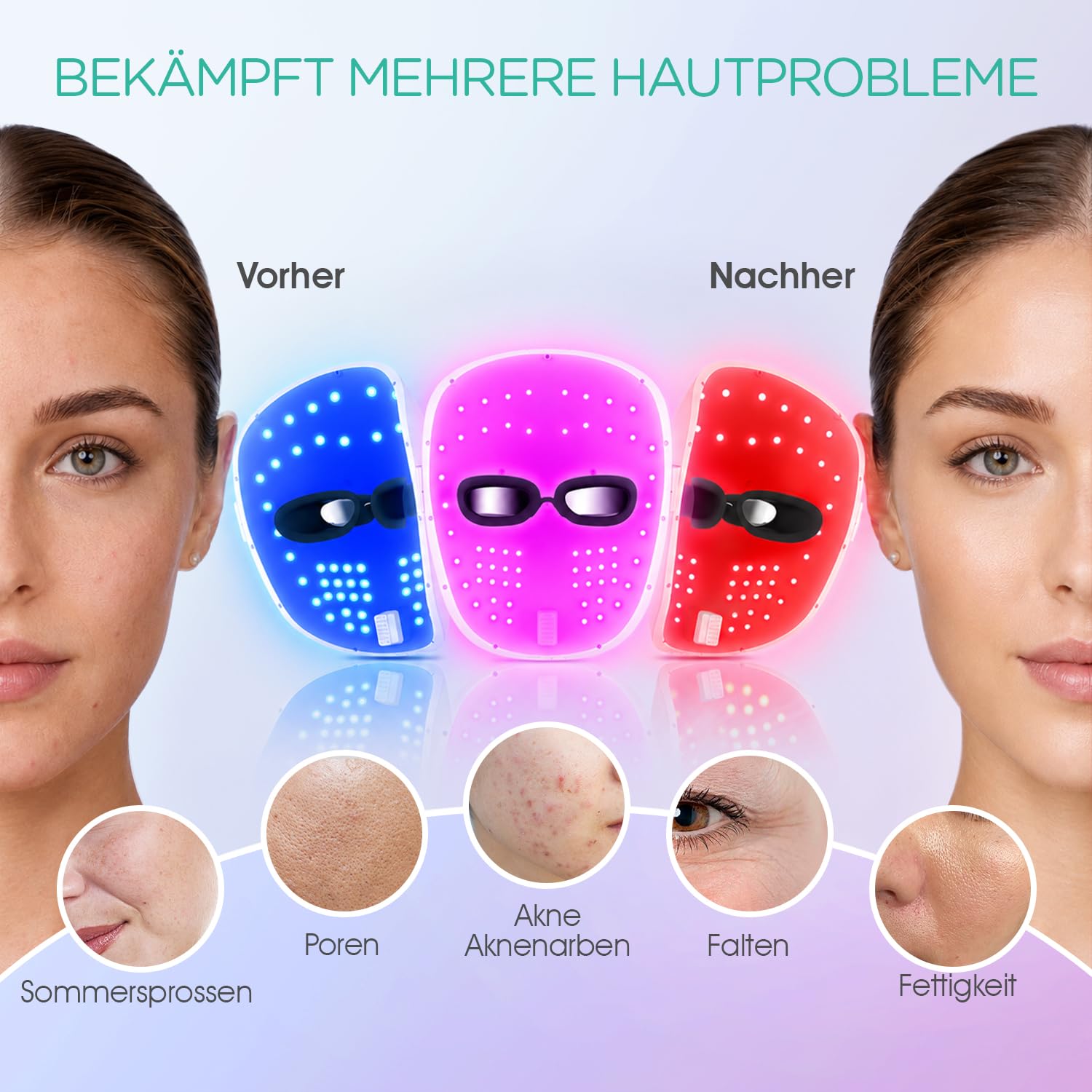 VOYOR LED-Gesichtsmaske, Lichttherapie-Maske mit Rot/Blau/Violett-Licht | Behandlung mit Timer, Komfortable Unterstützung, Kabellos, Einfache Anwendung, Anti-Aging, Verbessertes Hautbild, BM100