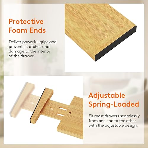 Miniatura 5 de Lifewit Paquete de 5 separadores de cajones de bambú de 4 pulgadas de alto, organizadores de cajones ajustables de 17 a 21.5 pulgadas para ropa,
