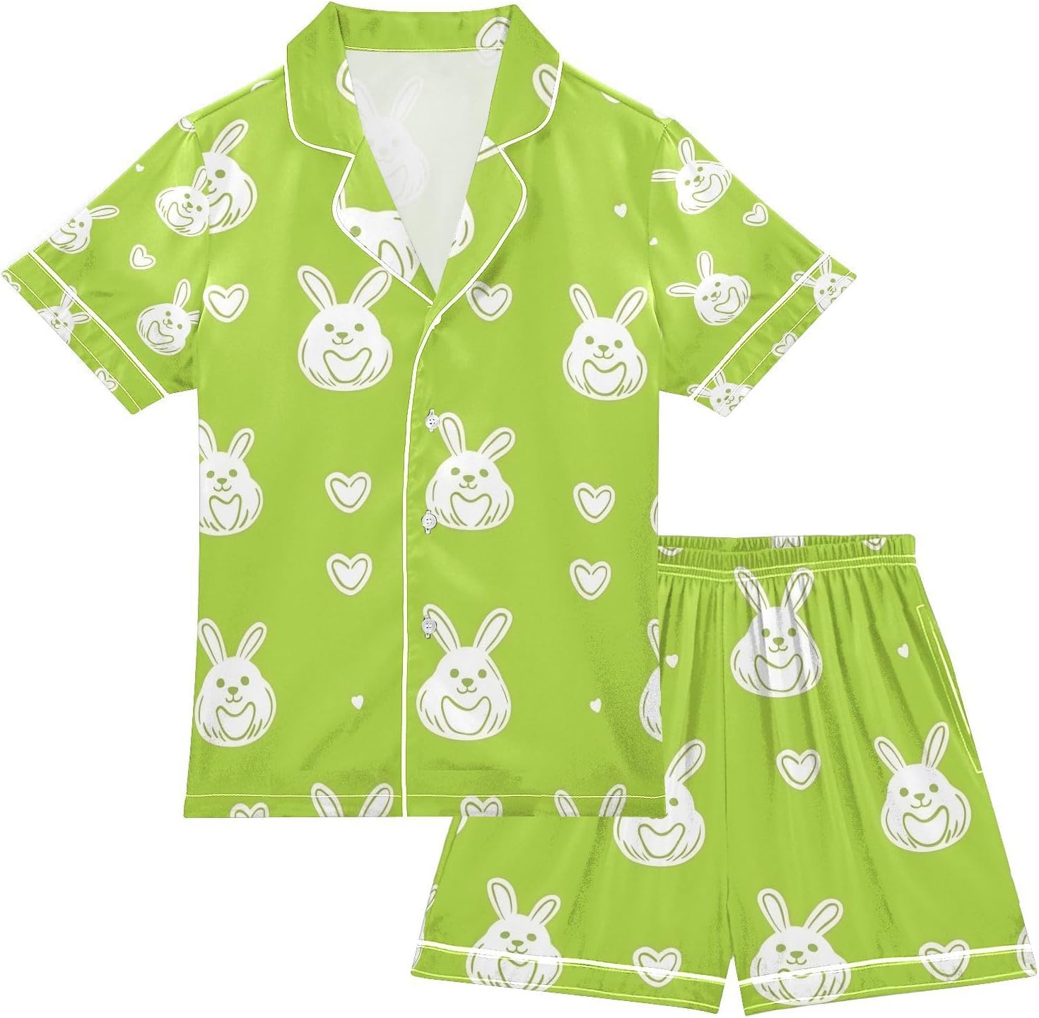senya Rabbit Eggs with Heart Satin Summer Pajama Sets Silk Short Sleeve Button Down Sleepwear