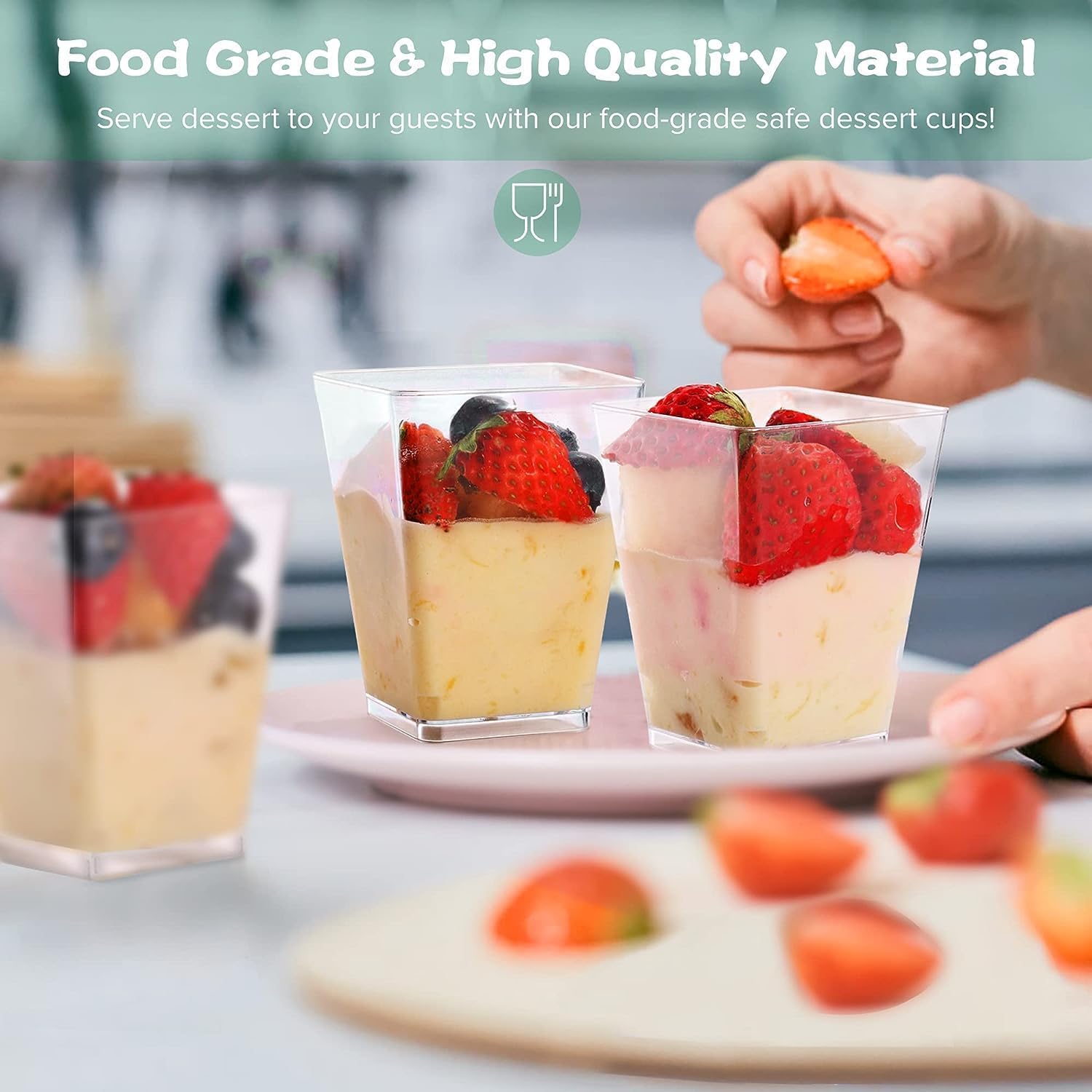 50 bicchieri da dessert quadrati trasparenti con coperchio e cucchiaio, riutilizzabili, per finger food, mousse, budini, feste, dessert, festa del papà, giorno del Ringraziamento,