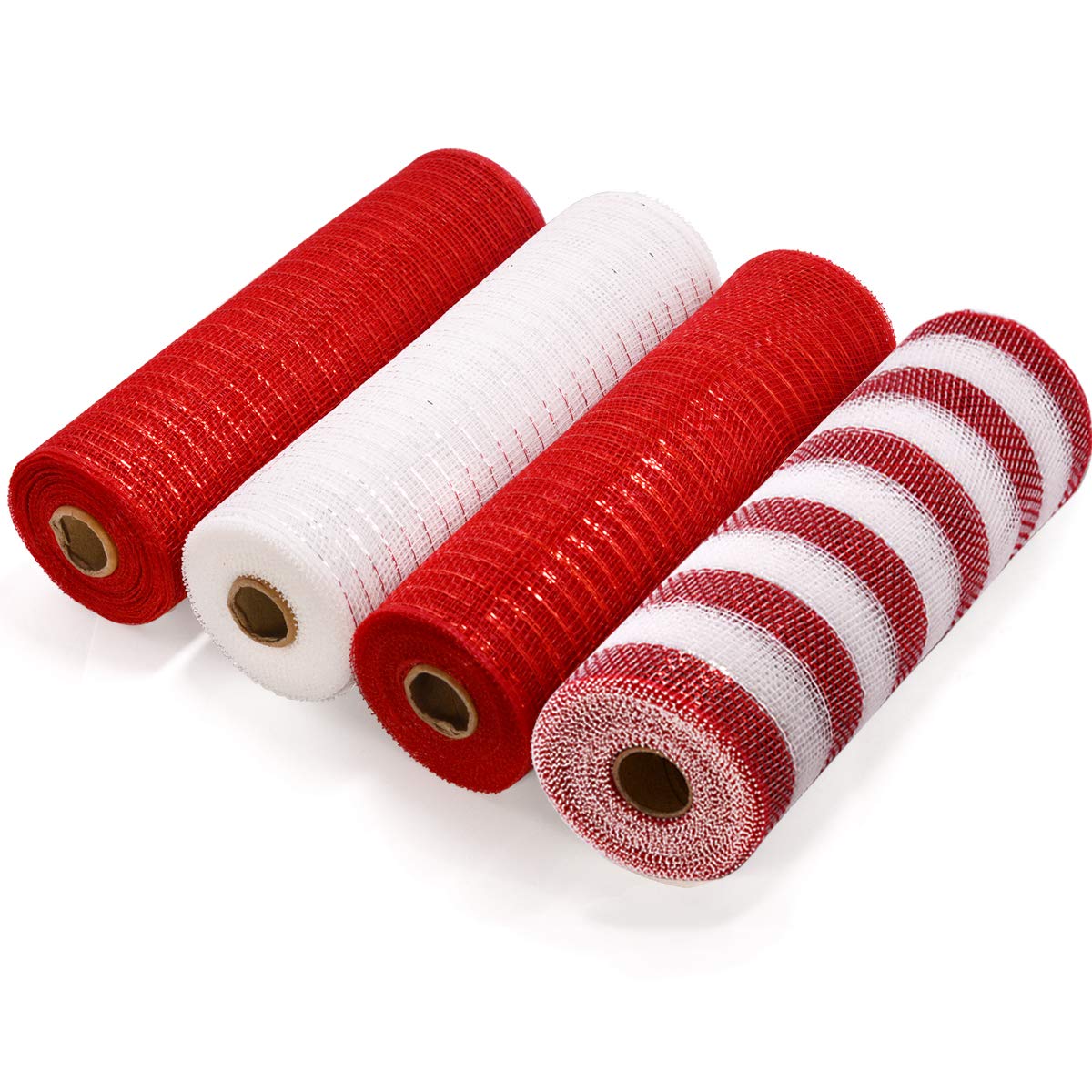KoopiDeco Mesh 10 inch x 10 Yards Each Roll, Metallic Foil Poly Mesh Ribbon Red and White Set for Christmas Wreaths, Swags, Craft, Party and Decorating Supplies - 4 Rolls