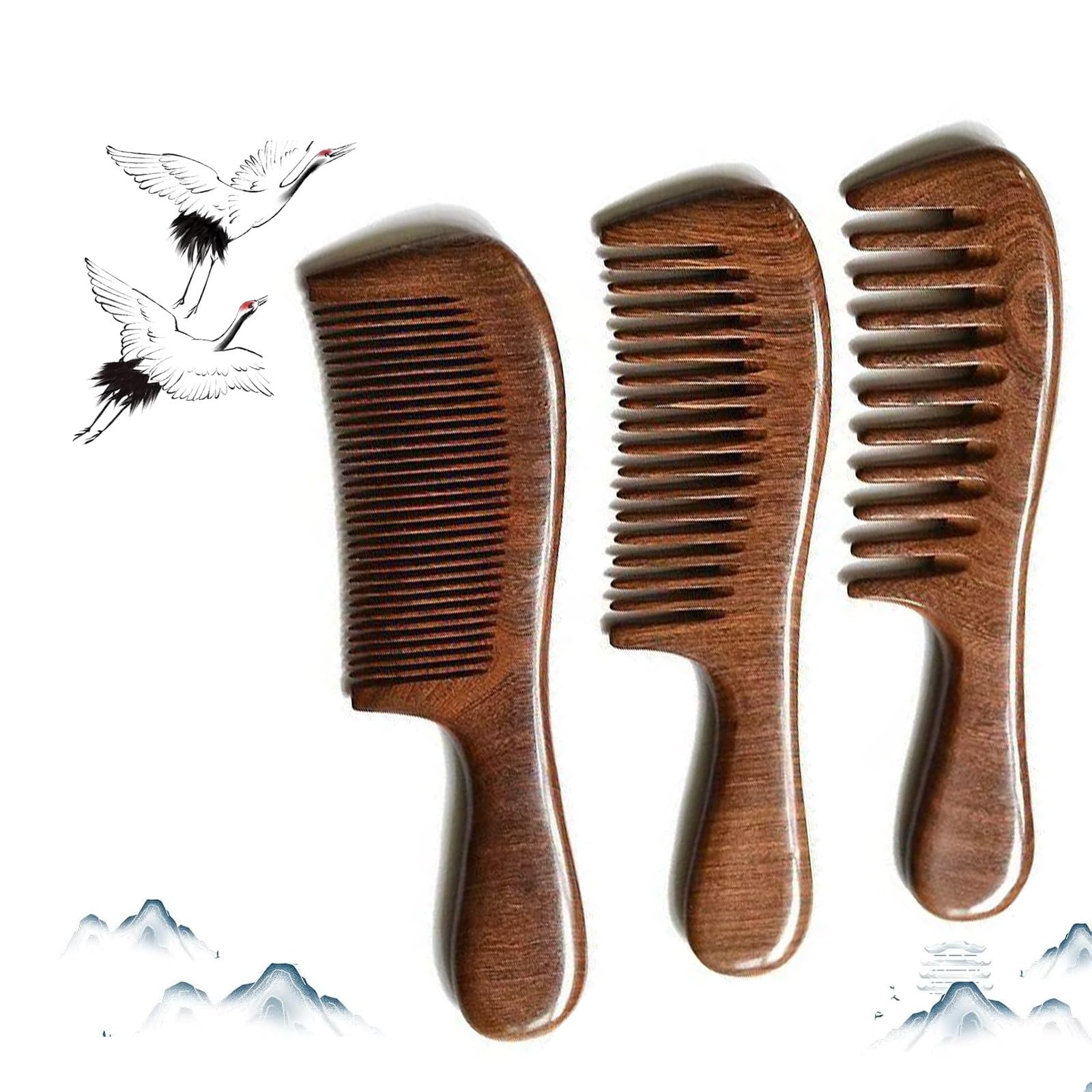 Letyvba Walnut Hair Comb, Wooden Comb for Women, Premium Antistatic Walnut 3-Piece Comb Set - Wide, Medium, and Fine Tooth. For Women and Men with
